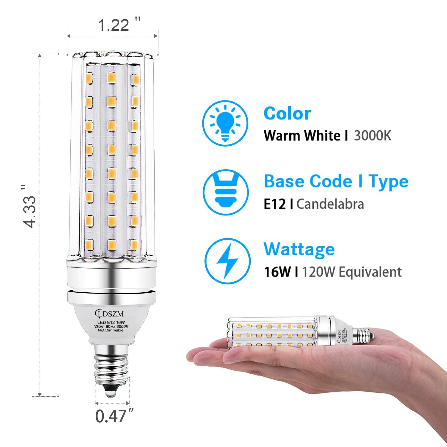 LDSZM E12 LED Candelabra Bulbs, 16W, 1400lm, Warm White 3000K, Pack of 4, Non-Dimmable, Aluminum