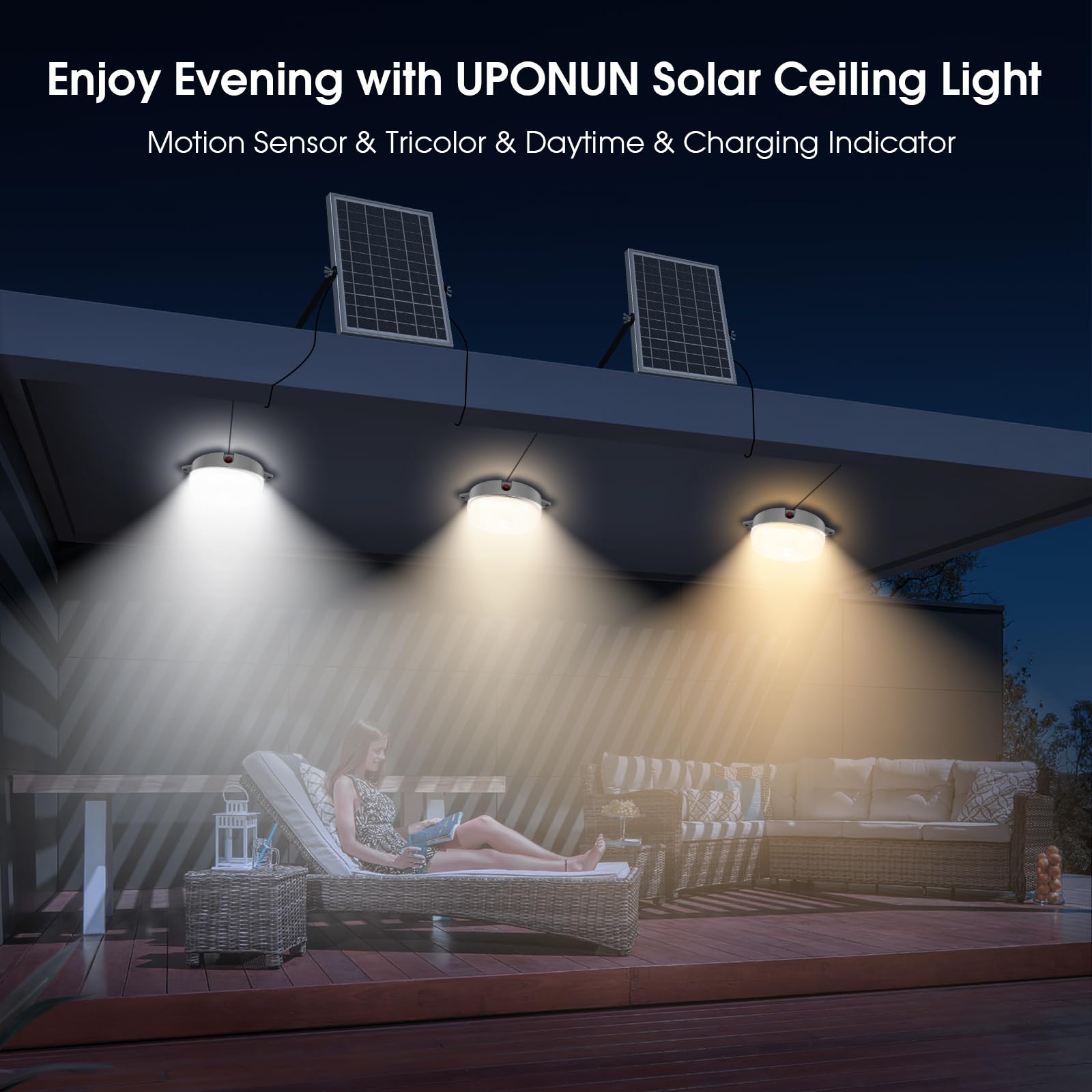 UPONUN Solar Ceiling Light 2 Pack with Motion Sensor, Dimmable 6000K/4000K/3200K, Indoor/Outdoor Barn Lights with Remote, White