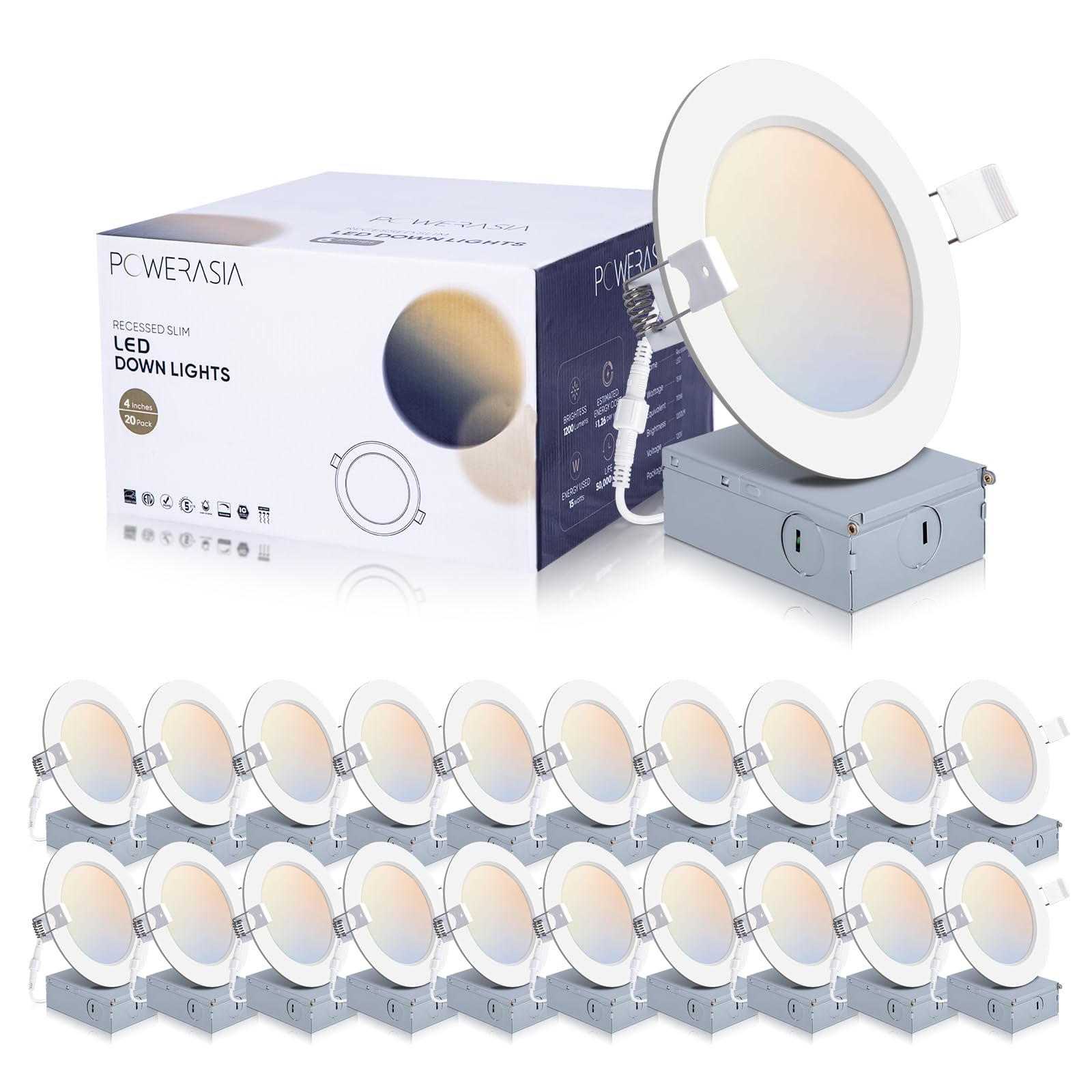 POWERASIA 20 Pack 4 Inch LED Recessed Lighting, 5CCT Selectable 2700K-6000K, 9W, ETL & Energy Star Certified,
