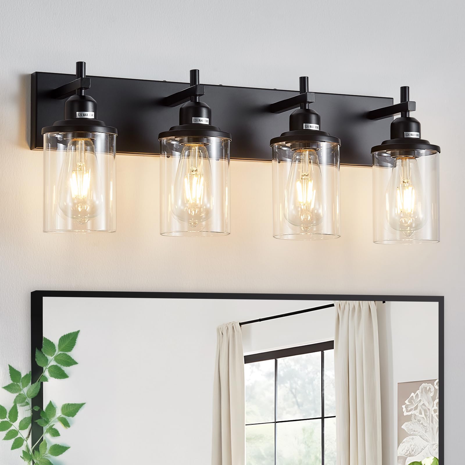 Lanhall 4-Light Black Bathroom Light Fixture Over Mirror Modern Farmhouse Bathroom Vanity Light Vintage Wall Lighting With Clear