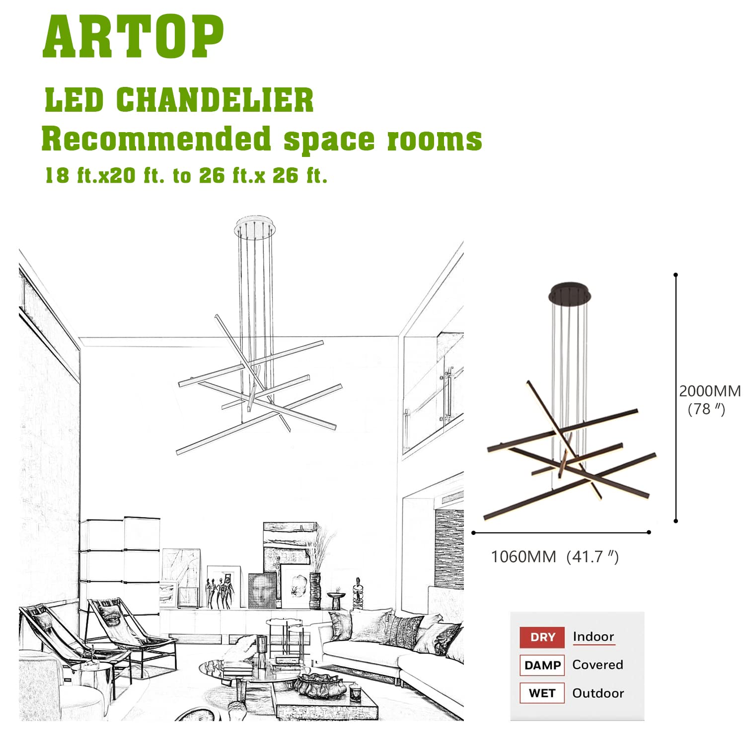 Artop 6-Light Dimmable Modern Led Chandelier - Adjustable Black Pendant Light For Kitchen & Dining