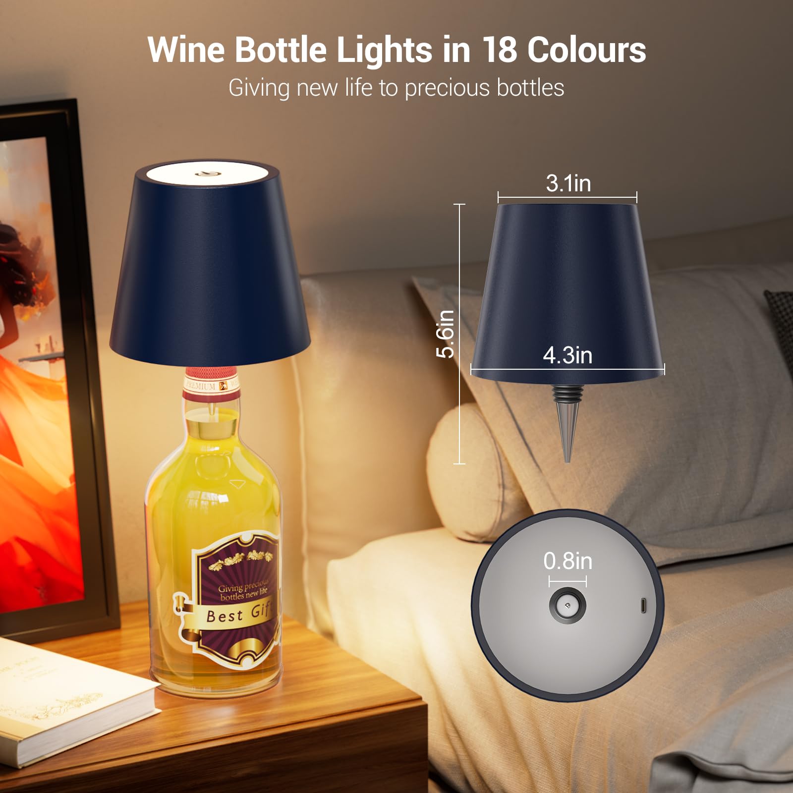 WOKWOYIO Wireless Bottle Lamp - Rechargeable LED Desk Lamp with 3 Color Temperatures - Gold, Metal