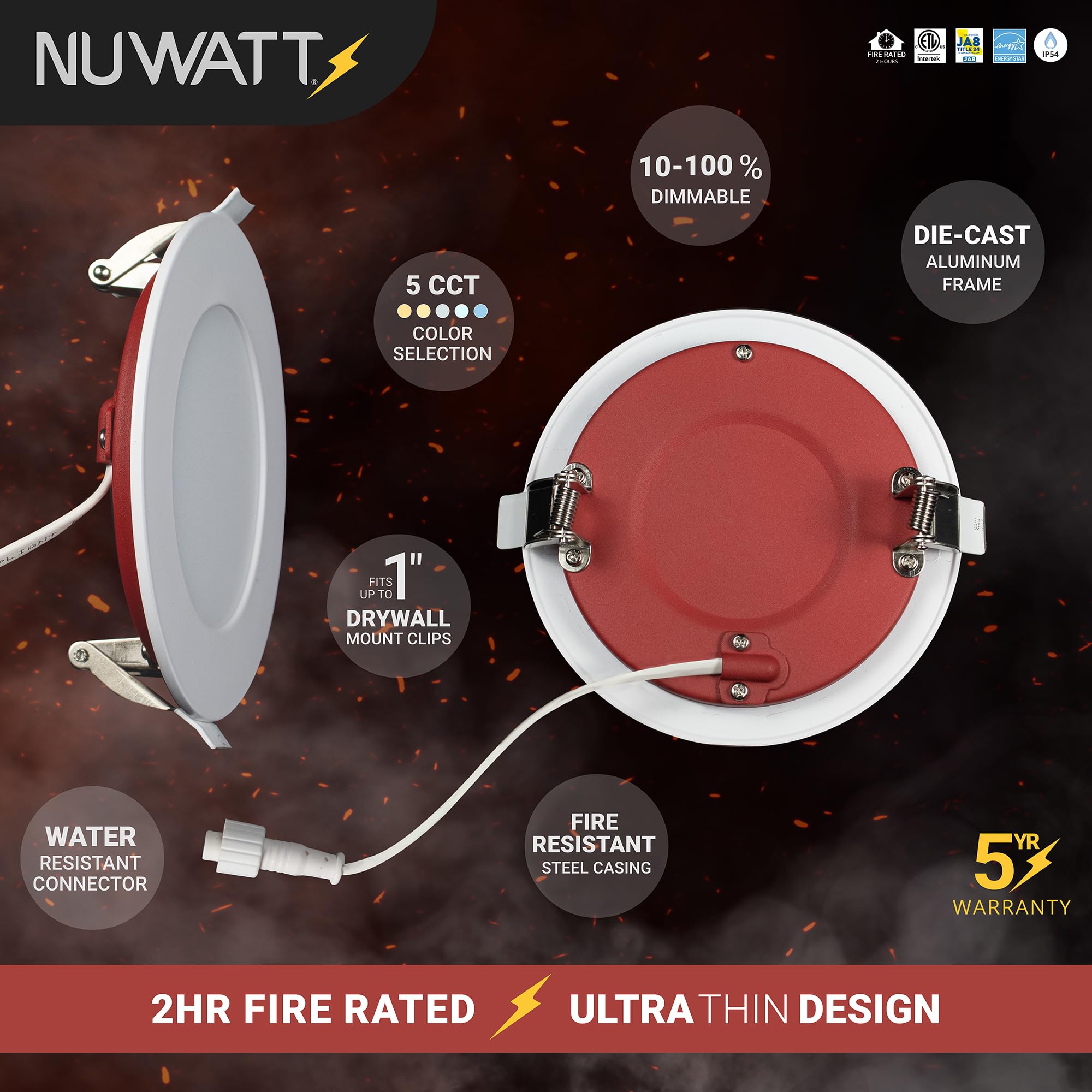 Nuwatt 12 Pack, 4 Inch Ultra-Thin Led 2 Hour Fire Rated Recessed Light, 2700K/3000K/3500K/4000K/5000K Selectable, 850 Lumens, Di