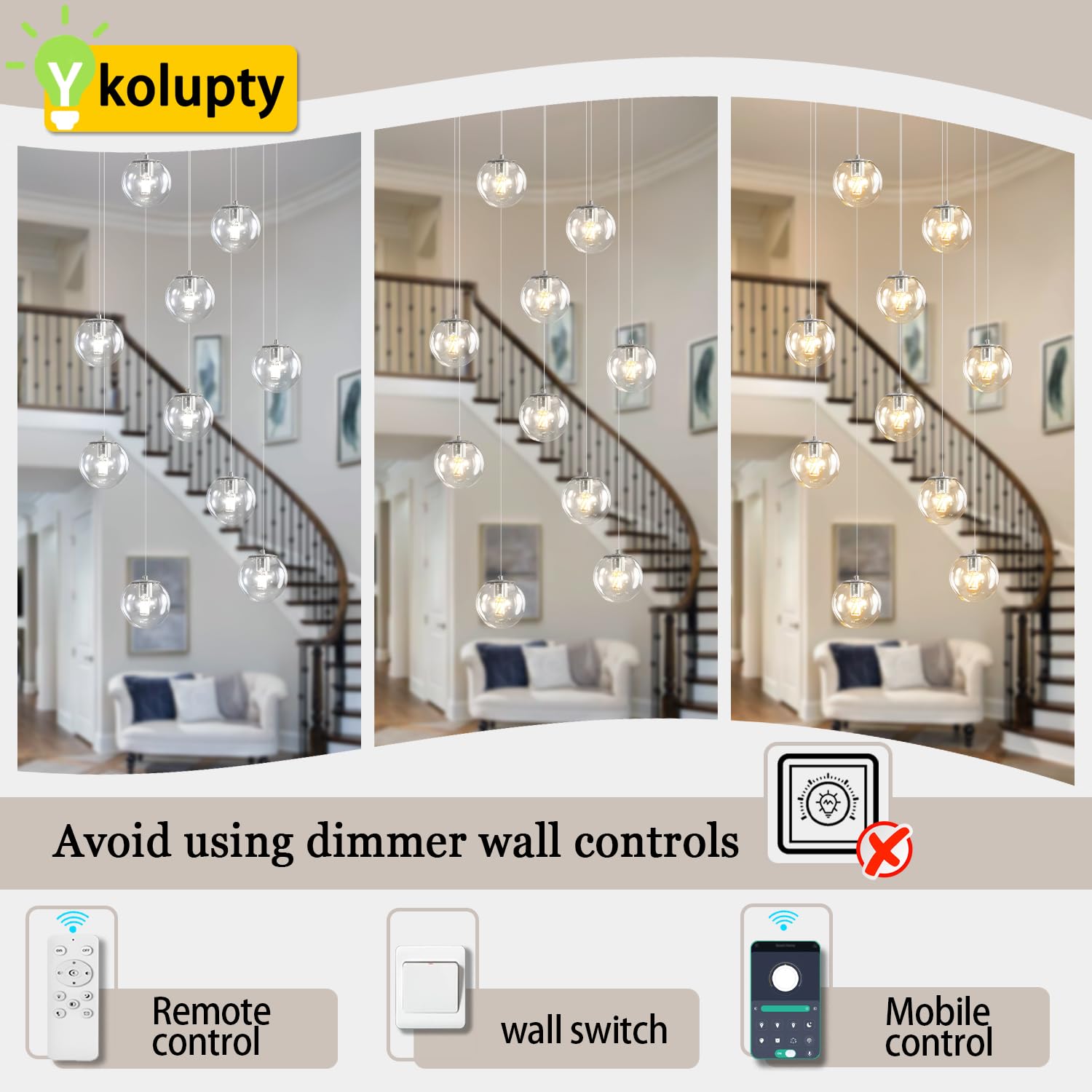Ykolupty Rectangle Chandelier 10-Light Clear Glass Ball Chandelier Dimmable Pendant Lights Large Chandeliers For High Ceilings,