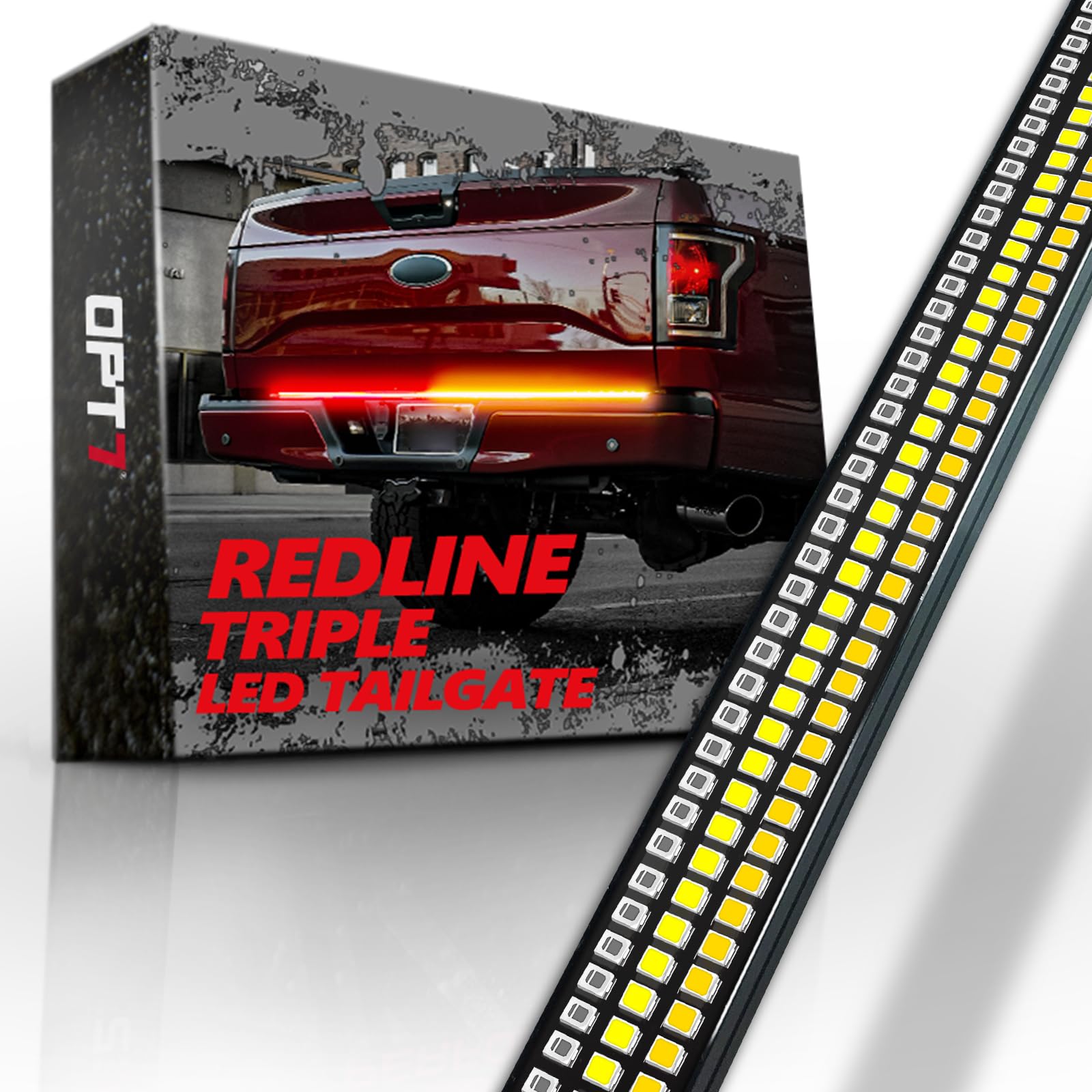OPT7 60  Redline Triple Row LED Tailgate Light Bar w/Sequential Amber Turn Signal  Rigid Aluminum Frame Strip - Fits 2005-2014 F150  RAM  Silverado/Sierra 1500 - Full Function: Brake  Reverse  Running-New