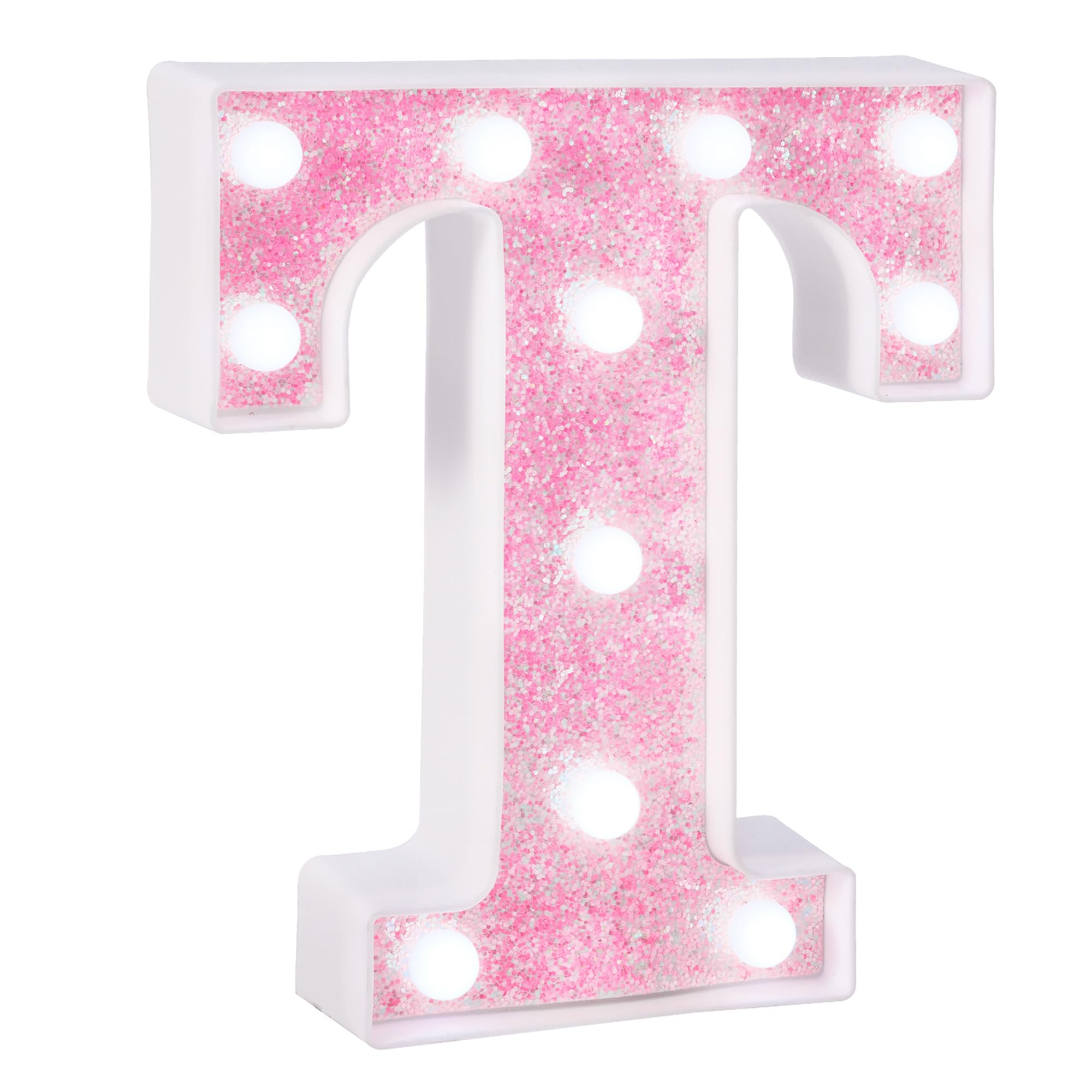 eufony LED Marquee Light Up Letter T, Glitter Pink, Battery-Powered, Cool White Lights for Bedroom Decor, Model W-PINK-LED-T
