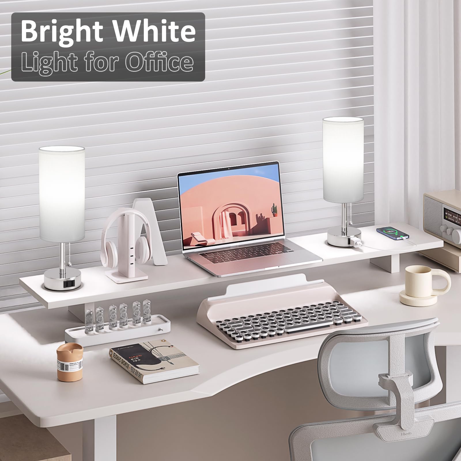 Fenmzee White Silver Bedside Table Lamps Set Of 2-3 Color Temperatures Pull Chain Lamp With Ac Outlet Charging Port, Two Round N