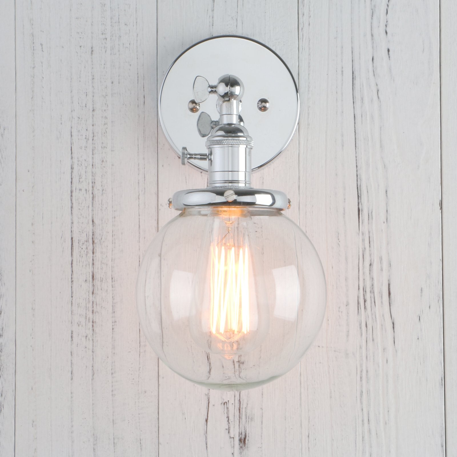 Permo Vintage Industrial Wall Sconce Lighting Fixture With Mini 5.9 Round Clear Glass Globe Hand Blown Shade (Chrome)