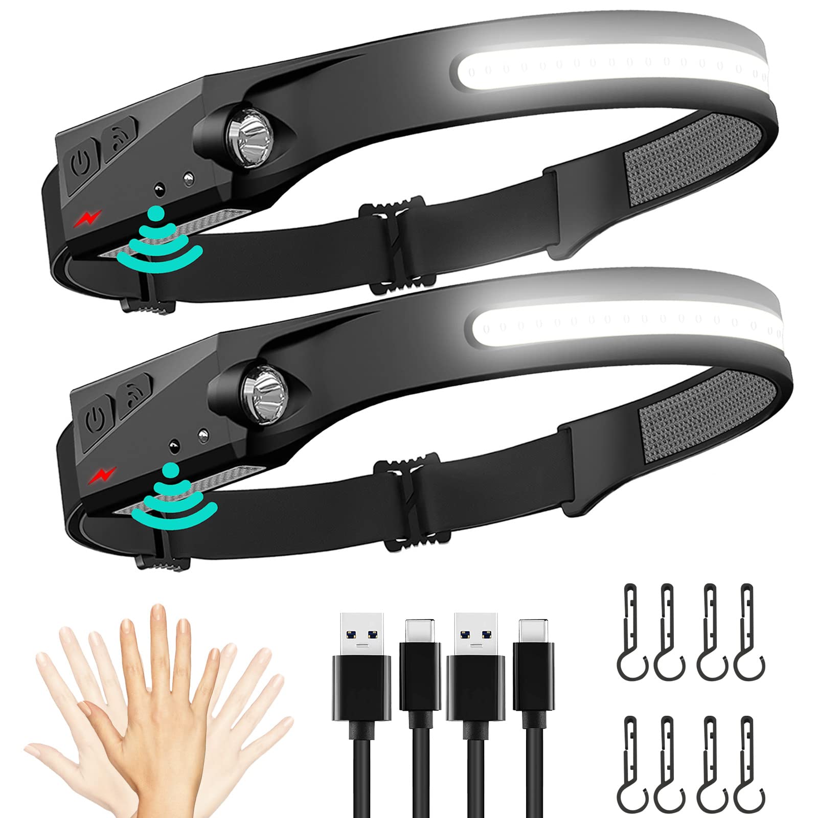 Fbkk Rechargeable Led Headlamp 2 Pack, 230Wide Beam Head Lamp With Motion Sensor, Waterproof Lightweight Headlight Flashlight Fo