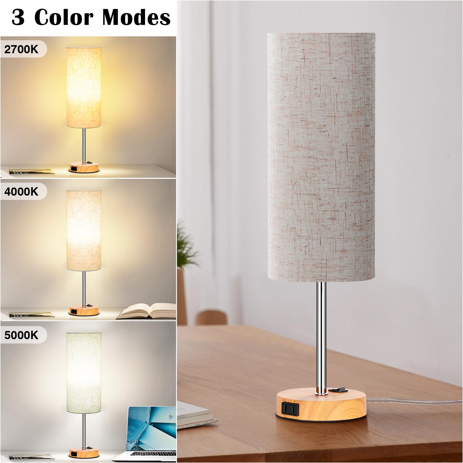 ZJOJO Table Lamp 2 Pack, 18in Dimmable with Rocker Switch, Flaxen Fabric Shade, Woodgrain Base, Model RD-PTL6W-036