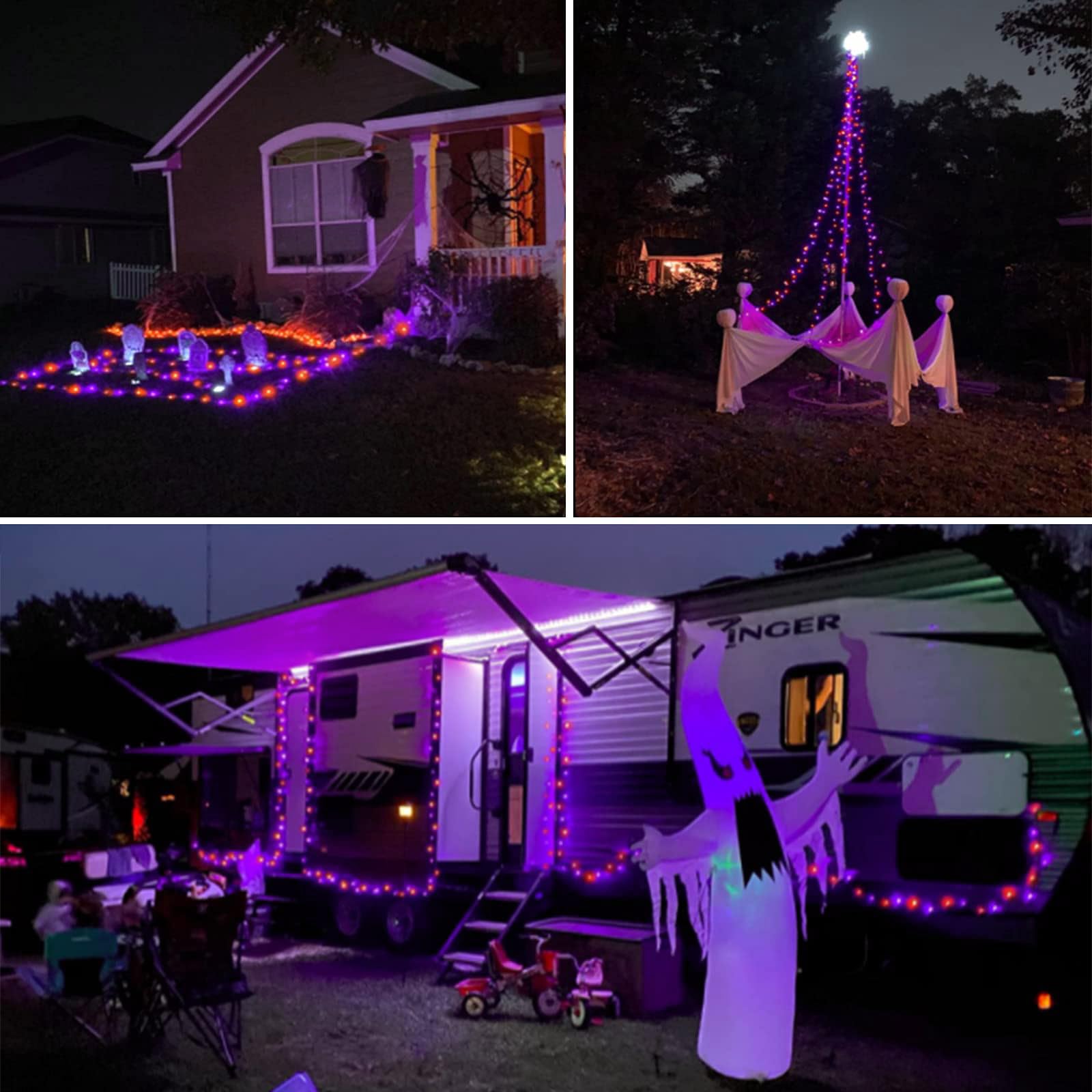 SANJICHA Orange and Purple Solar Halloween Lights Outdoor Waterproof, 4-Pack 132 FT 400 LED Solar String Lights Black Wire 8 Mod
