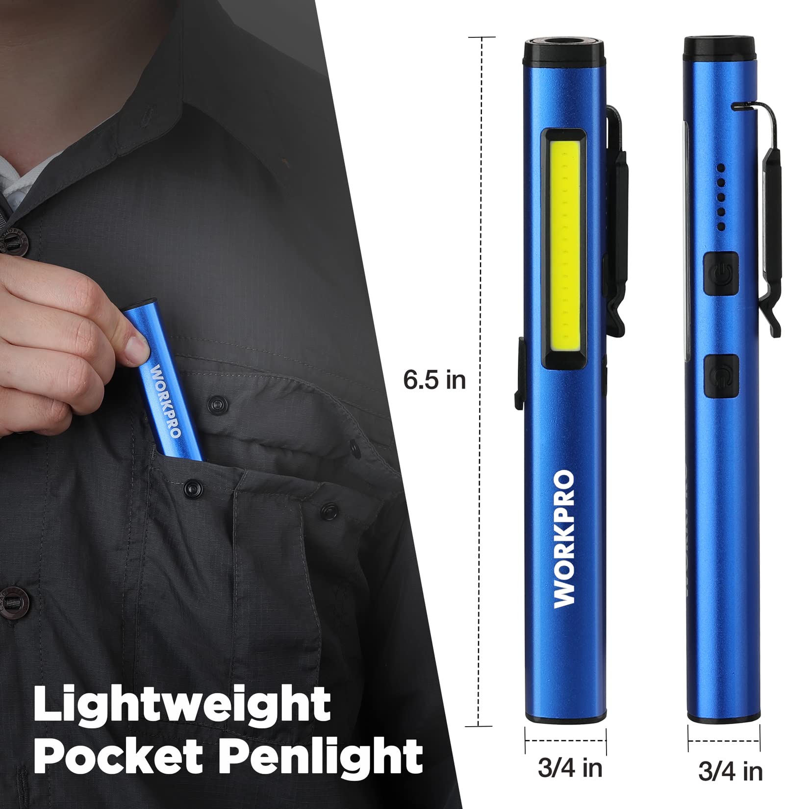 Workpro Rechargeable Flashlight, Led Pen Light With 365 Nm Uv Black Light, 450 Lumen Pocket Penlight, Magnetic Clip, For Hurrica