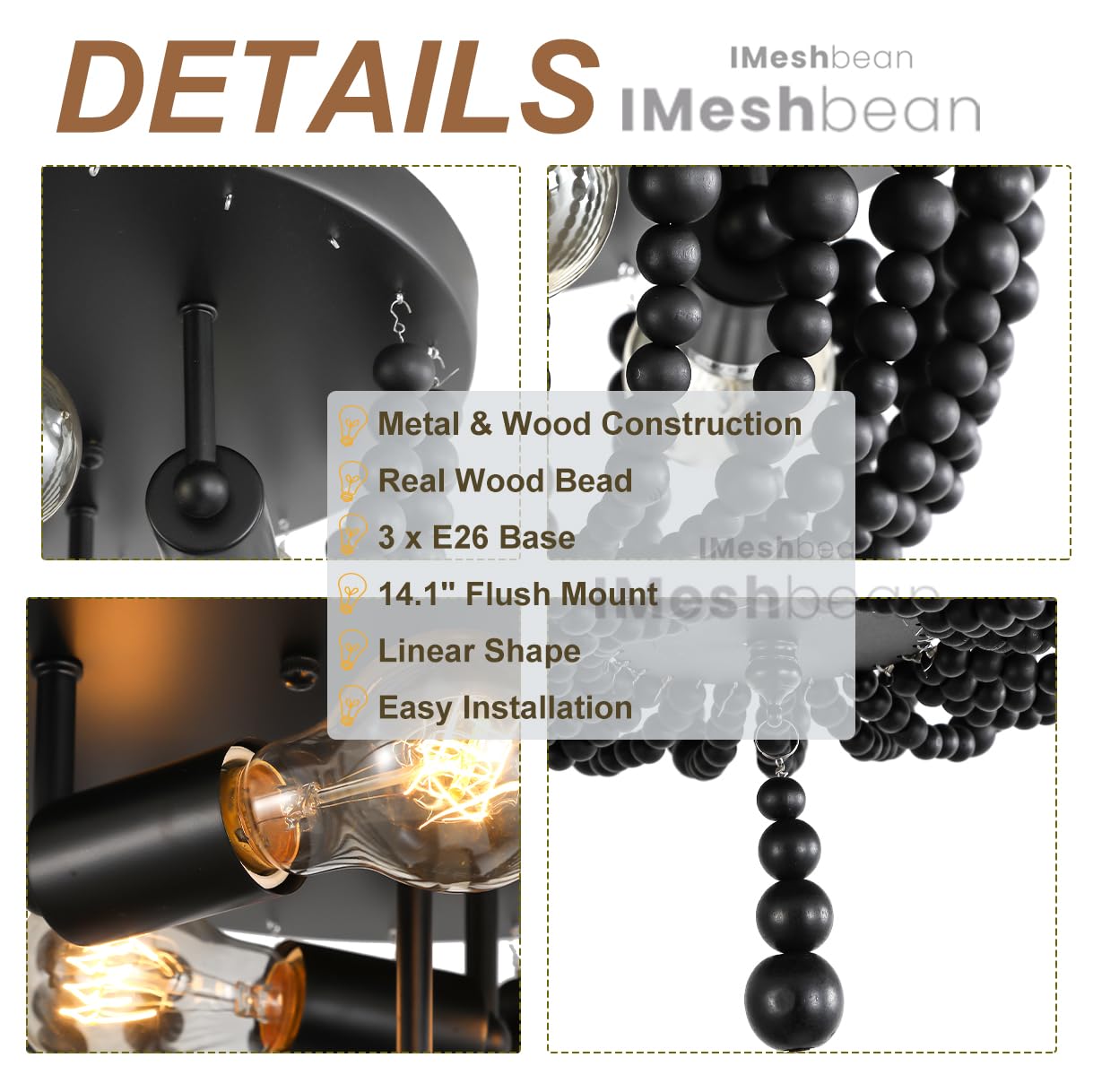 Black 14.1 Inch Boho Chandelier,3-Light Wood Beaded Chandelier Light Fixture Bohemia Draped Bead Chandelier, Flush Mount Ceiling