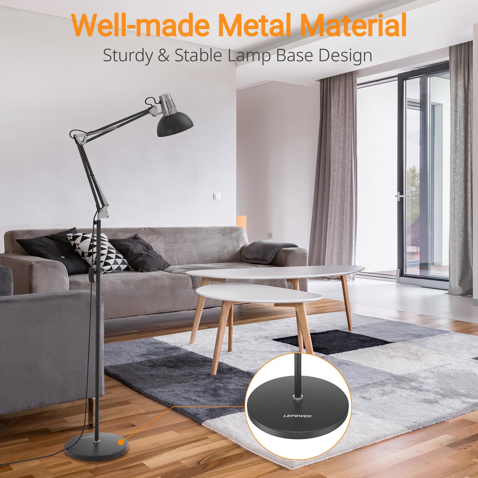LEPOWER Industrial Floor Lamp, Swing Arm Design, Metal Base, E26, Black, Model UF2006 for Home Office, Living Room, Bedroom