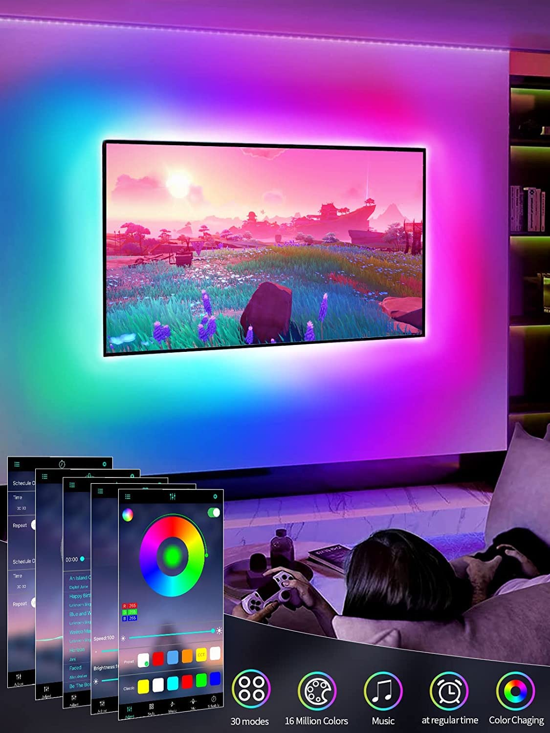 Gipoyent Tv Led Backlights, Music Sync Led Tv Backlight, For 60-85 Inch Tv, Led Tv Light With Bluetooth Function - Rgb Color Changing Light Strip For Home Theater (23Ft)