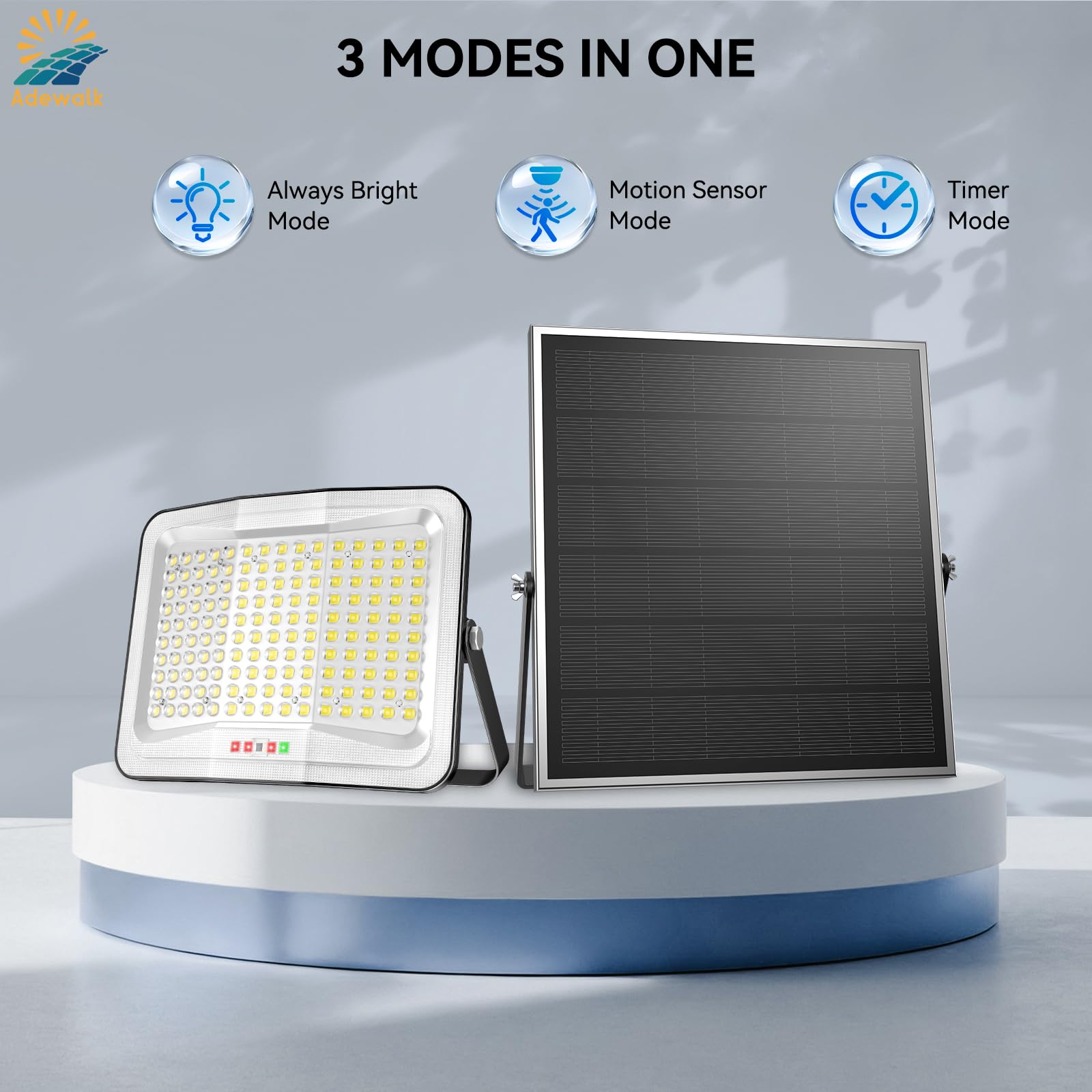 Adewalk Outdoor Solar Flood Light, 150 LEDs, Motion Sensor, IP65 Waterproof, 2000W, Black, Model XC150, 16ft Cable