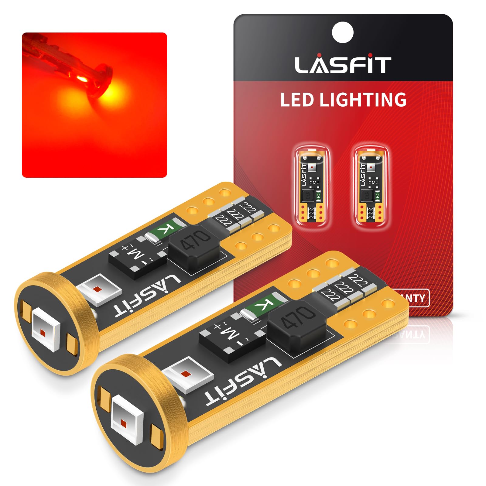 LASFIT LED Bulb T10 W5W Canbus Error Free 400LM Pack of 2 Brilliant Red L-T10R