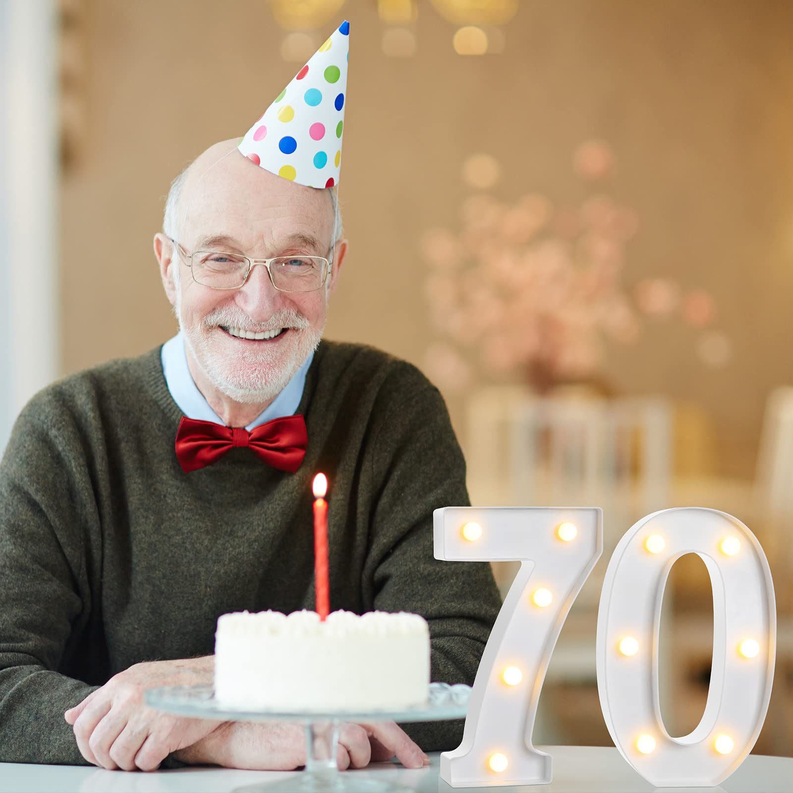 Treela LED Number Sign - 8.7'' Glitter Marquee for 70th Birthday, White, Polypropylene, Model Treela-Light-01