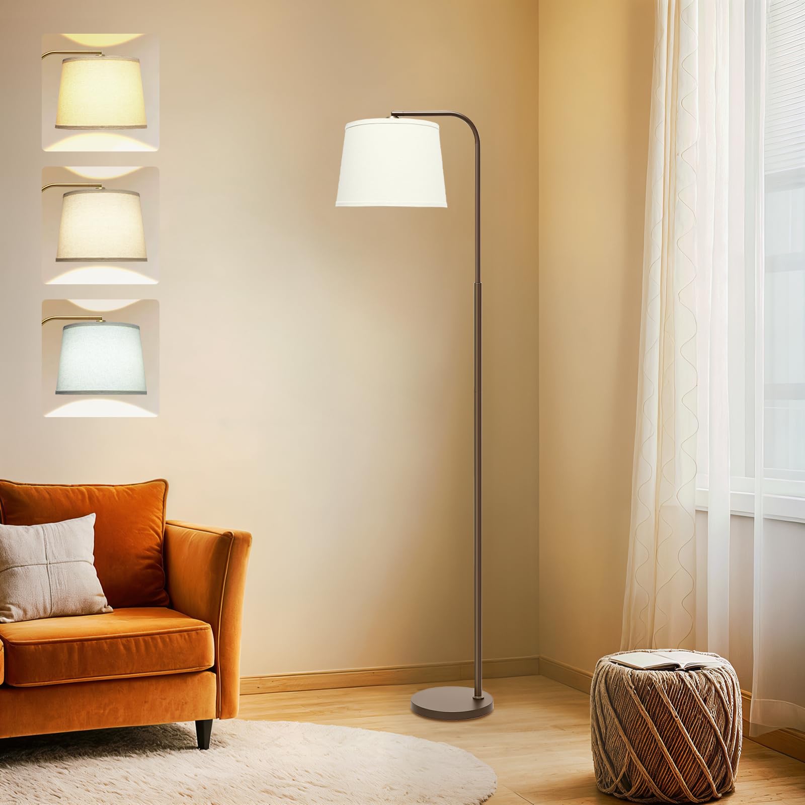 AKASUKI Floor Lamp with 3 Color Temperatures, Metal, Brown Base-Beige Shade, Model LT-1125, Includes 9W LED Bulb