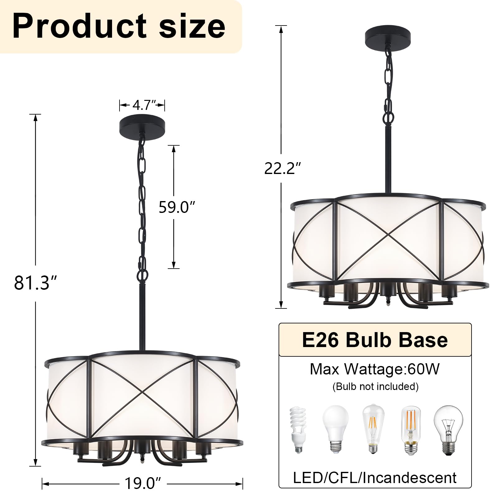 19'' Farmhouse Drum Chandelier For Dining Room 5-Light Black Modern Pendant Light White Fabric Retro Height Adjustable Lighting