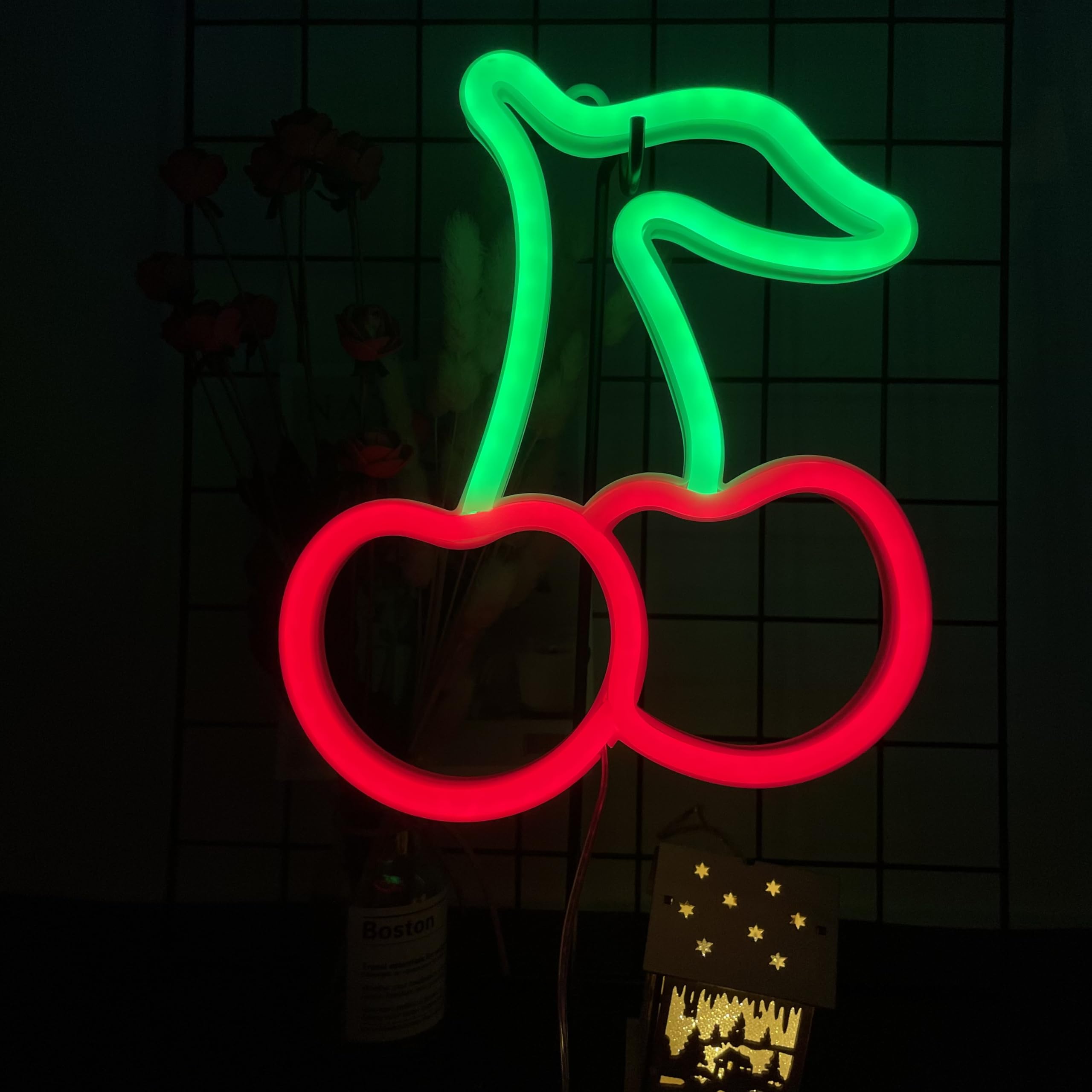 Enuoli Cherry Neon Light Decorative Art Neon Signs Cherry Night Lights Battery/Usb Powered Neon Signs For Bedroom Walls Night Li