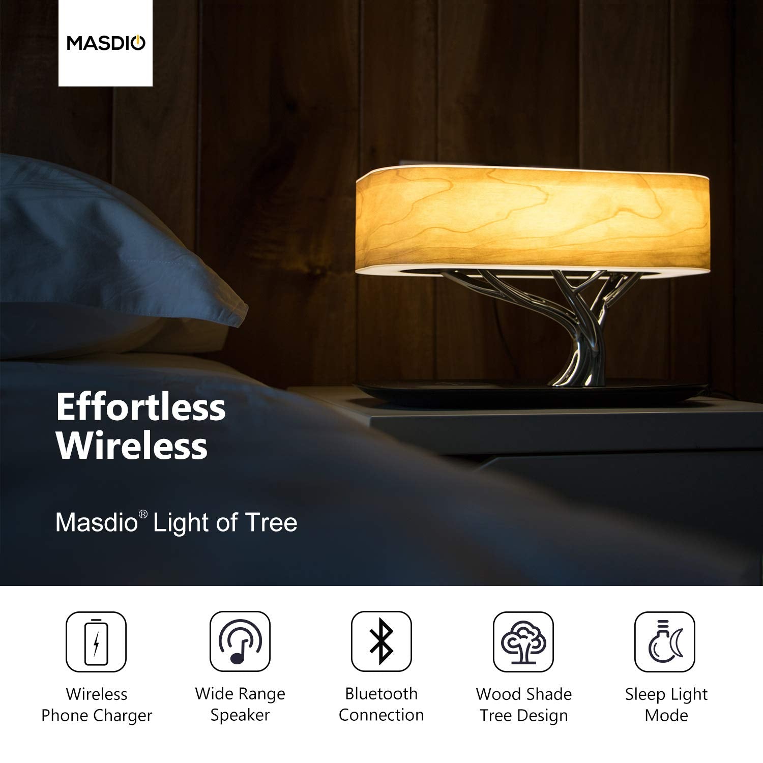 AMPULLA Masdio Bedside Lamp with Bluetooth Speaker & Wireless Charger, Stepless Dimming, Light of Tree(Plus)