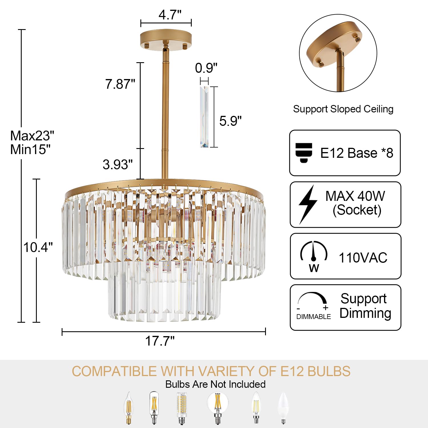 Lighceac 17.7 Gold Semi Flush Mount 2-Tier Crystal Ceiling Light Fixtures For Dining Room Modern Industrial 8-Light Chandeliers Lighting For Bedroom Entryway Hallway Kitchen Island Living Room Foyer