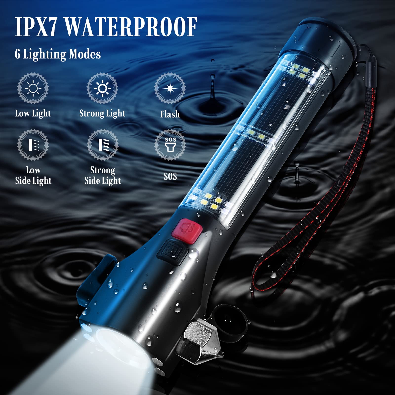 Unicumoo Solar Powered Car Safety Hammer Flashlight With Seatbelt Cutter, Led High Lumens, Red And Blue Sos Flashing, Usb Chargi