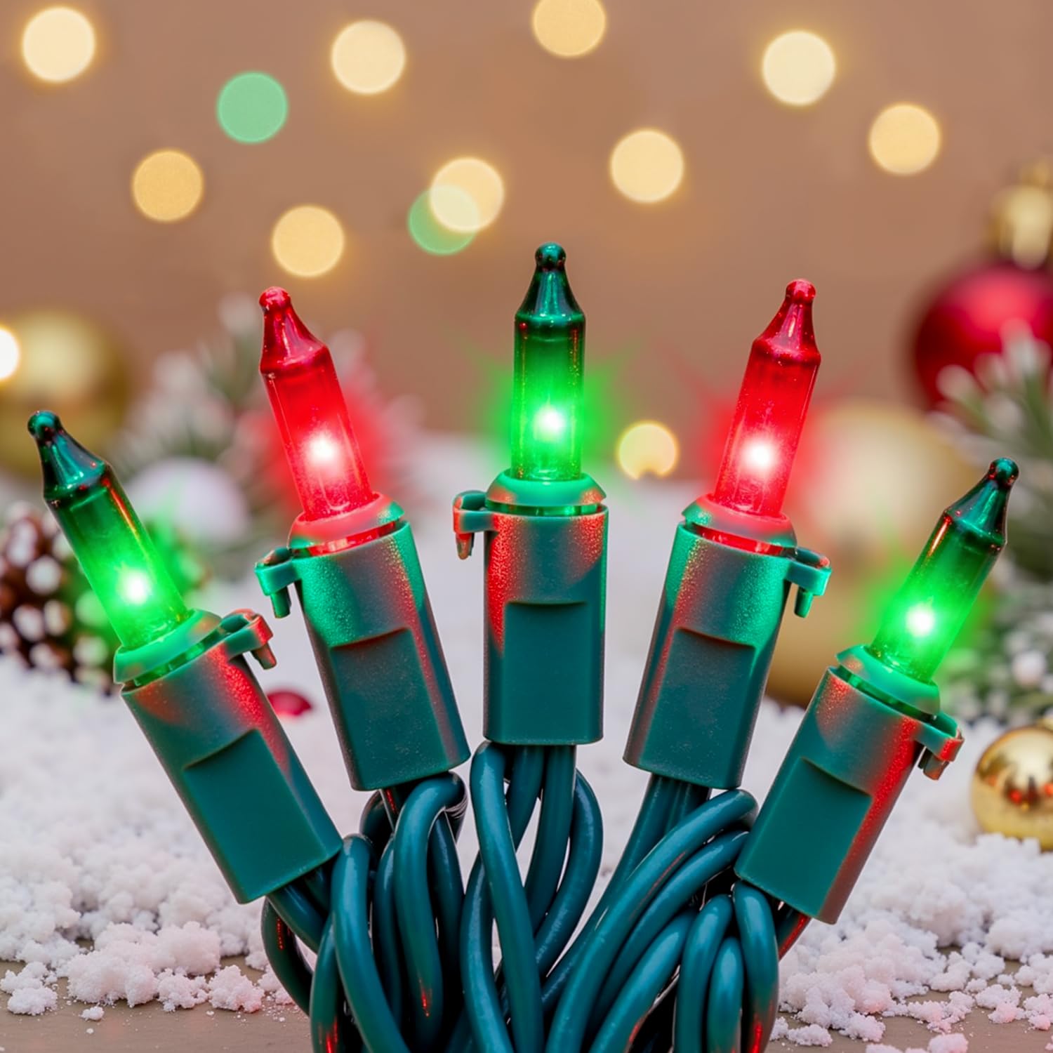Red and Green Christmas Lights, 13FT 50 Count Incandescent Blub Mini Lights with Green Wire, UL Certified Christmas Tree Light C