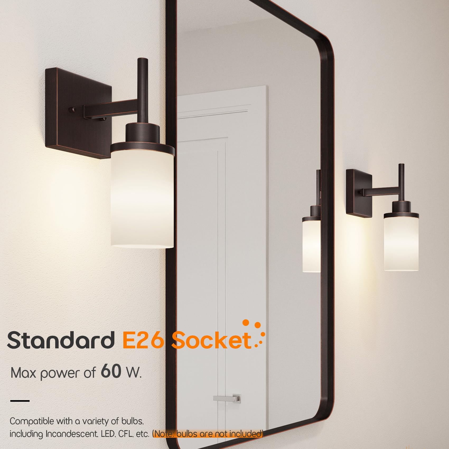 AONEON Wall Lights Over Mirror, 1-Light Oil-Rubbed Bronze Sconces, White Frosted Glass Shade, Model T001ORB-L1-P2, 2 Pack