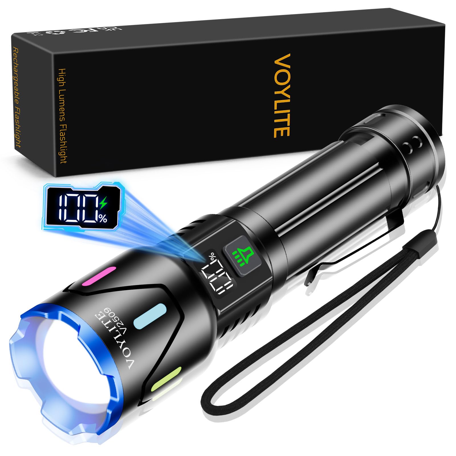 Voylite Flashlights High Lumens - 10000 Lumen, Rechargeable 5000mAh with LCD Power Display, IPX7 Waterproof, 3 Modes & Zoomable 
