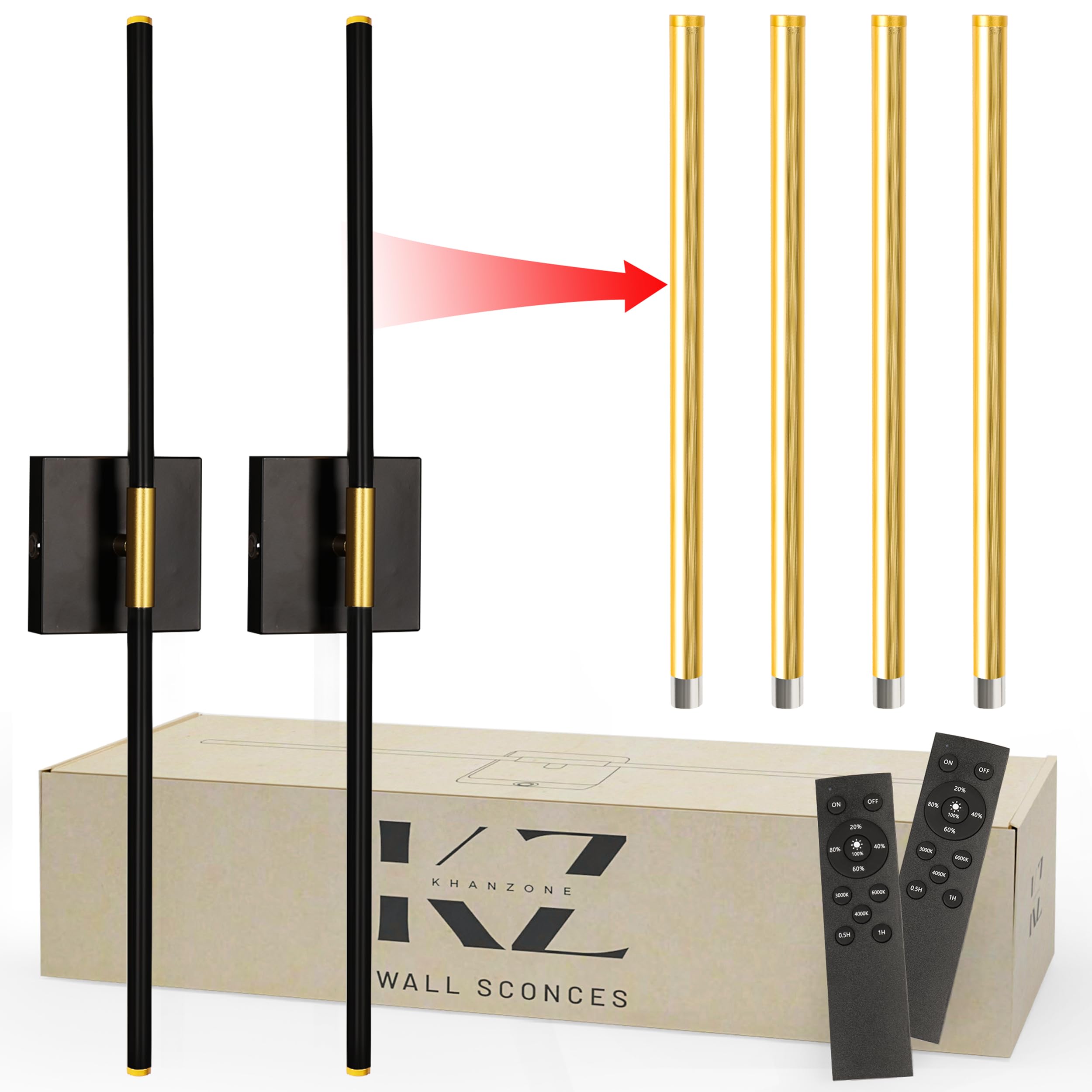 Battery Operated Wall Sconces Set of 2 with Interchangeable Black/Gold LED Bars, 2 Styles, 28 Inch, 10000mAh Long Lasting Rechar