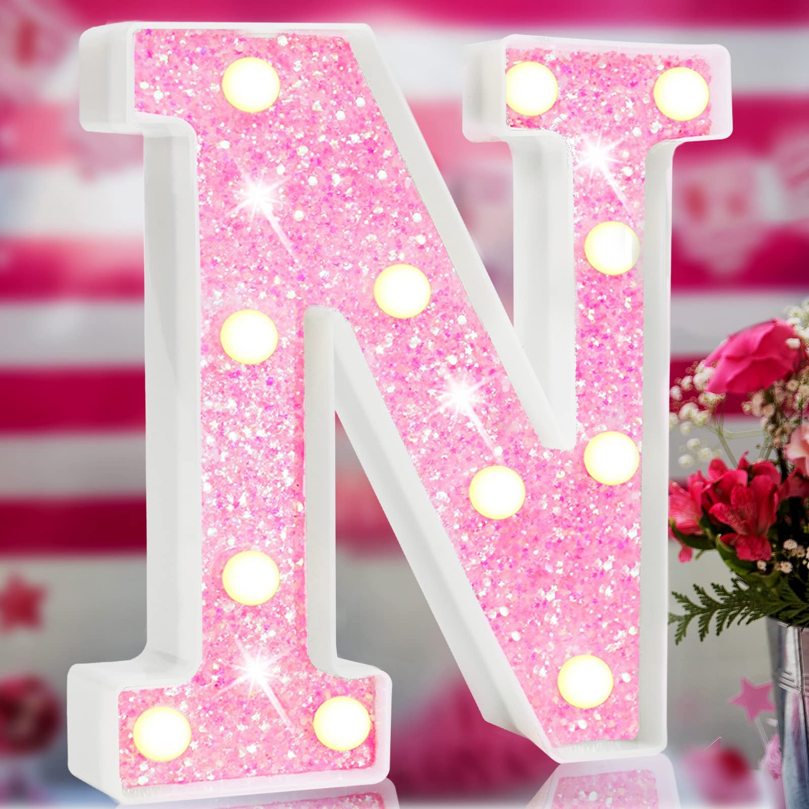 Pink Light Up Letters, Glitter Alphabet Letter Sign LED Marquee Letter Lights Battery Powered for Night Light Girls Bedroom Birt