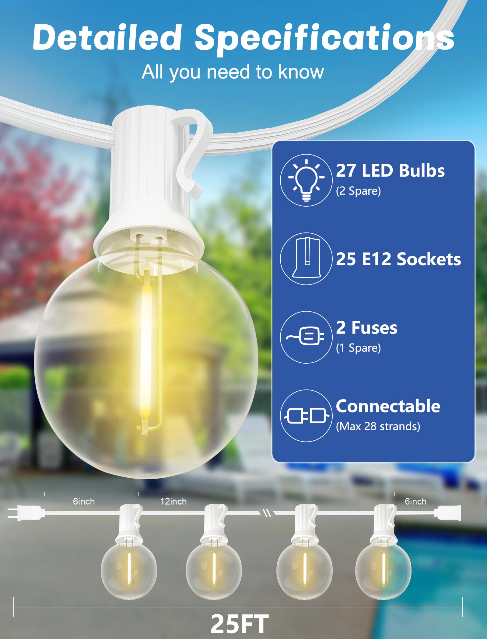 Sunsgne G40 Outdoor Patio String Lights - 25Ft Warm White Shatterproof Led Globe Bulbs, White Wire, Ul Listed For Indoor/Outdoor Use