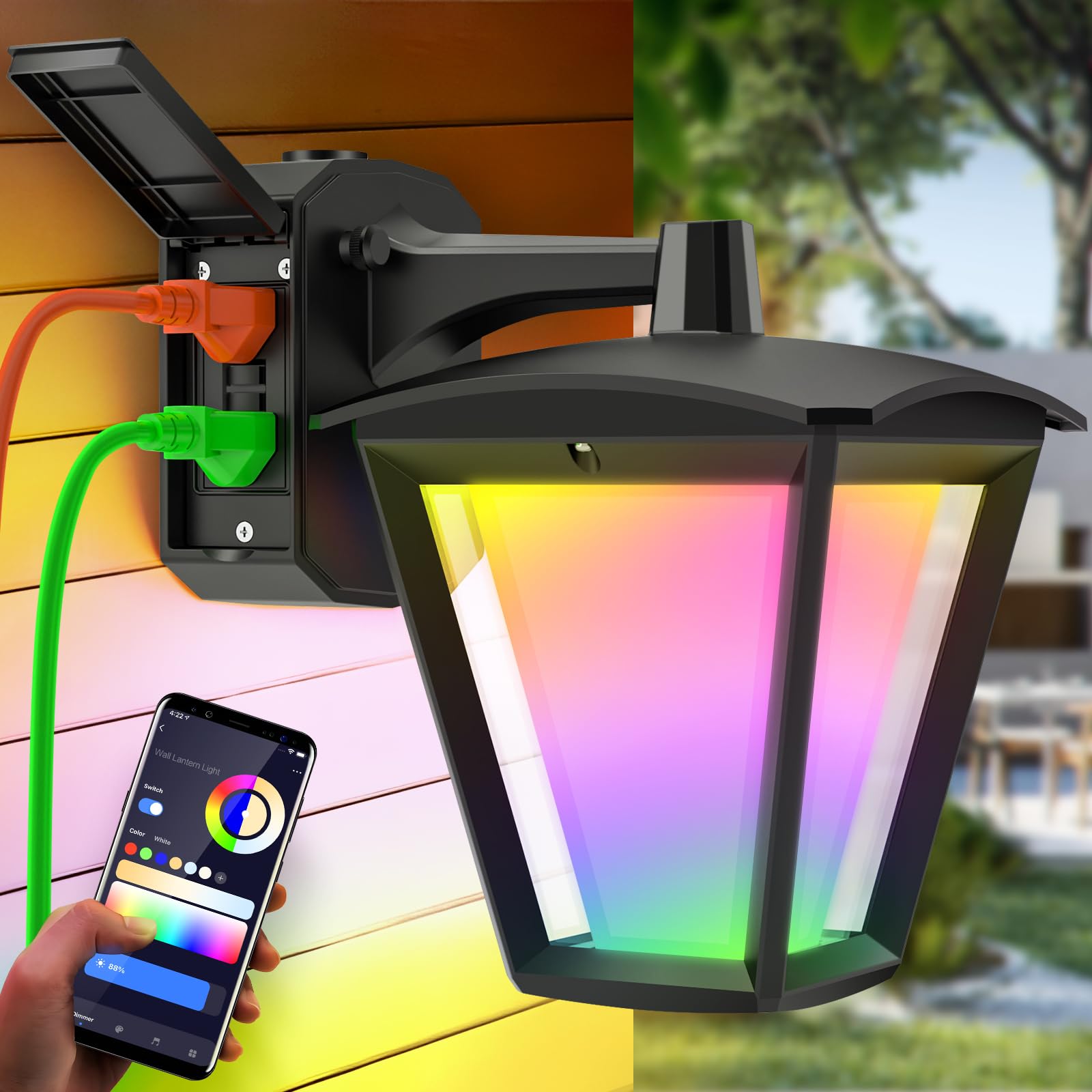 AKK Smart Porch Light with Outlet, RGBCW Color Changing, Waterproof, Aluminum, Model SML03, Black