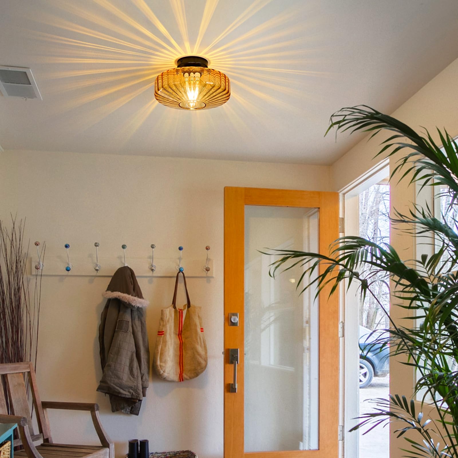 Glass Semi Flush Ceiling Lights - 12 In Vintage Mid Century Modern Lighting Fixture - Drum Unique Art Deco Amber Mount Light Fixtures For Hallway Entry Way Hall Kitchen Dining Laundry Room Foyer Porch