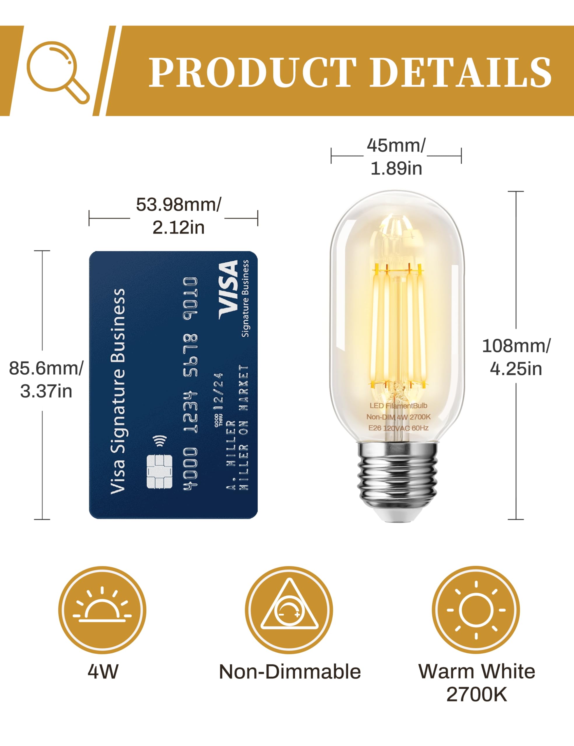 Doresshop 6 Pack Led Edison Bulbs, 4W Edison Light Bulbs, Led Filament Bulbs 40W Equivalent, E26 Base, T45 Led Bulb With Clear Glass, Warm White 2700K, Non Dimmable, Great For Home, Bedroom, Office