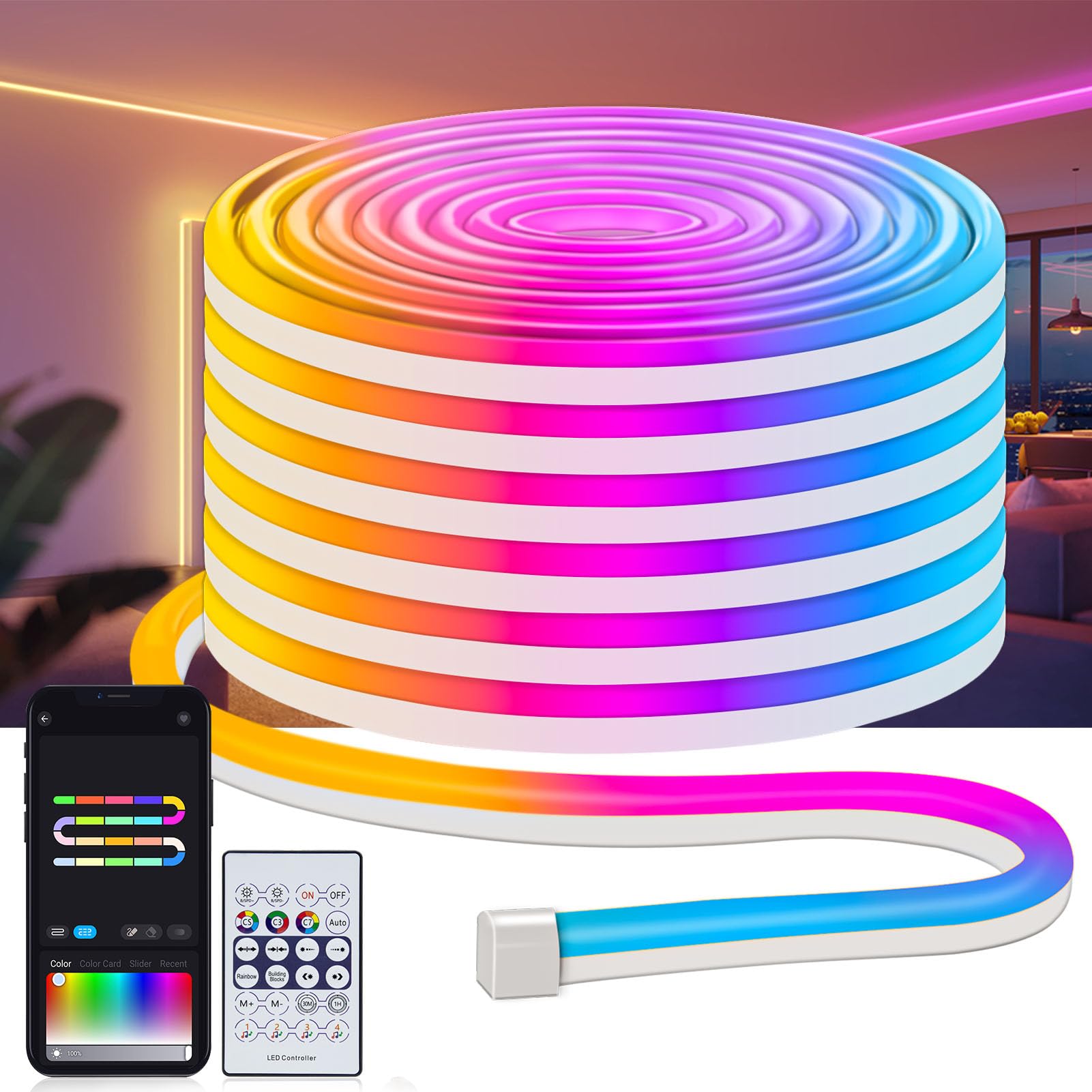 Danhh LED Neon Rope Lights, RGB Color Changing, 10M, Waterproof, Model D001, Remote APP Control, Music Sync