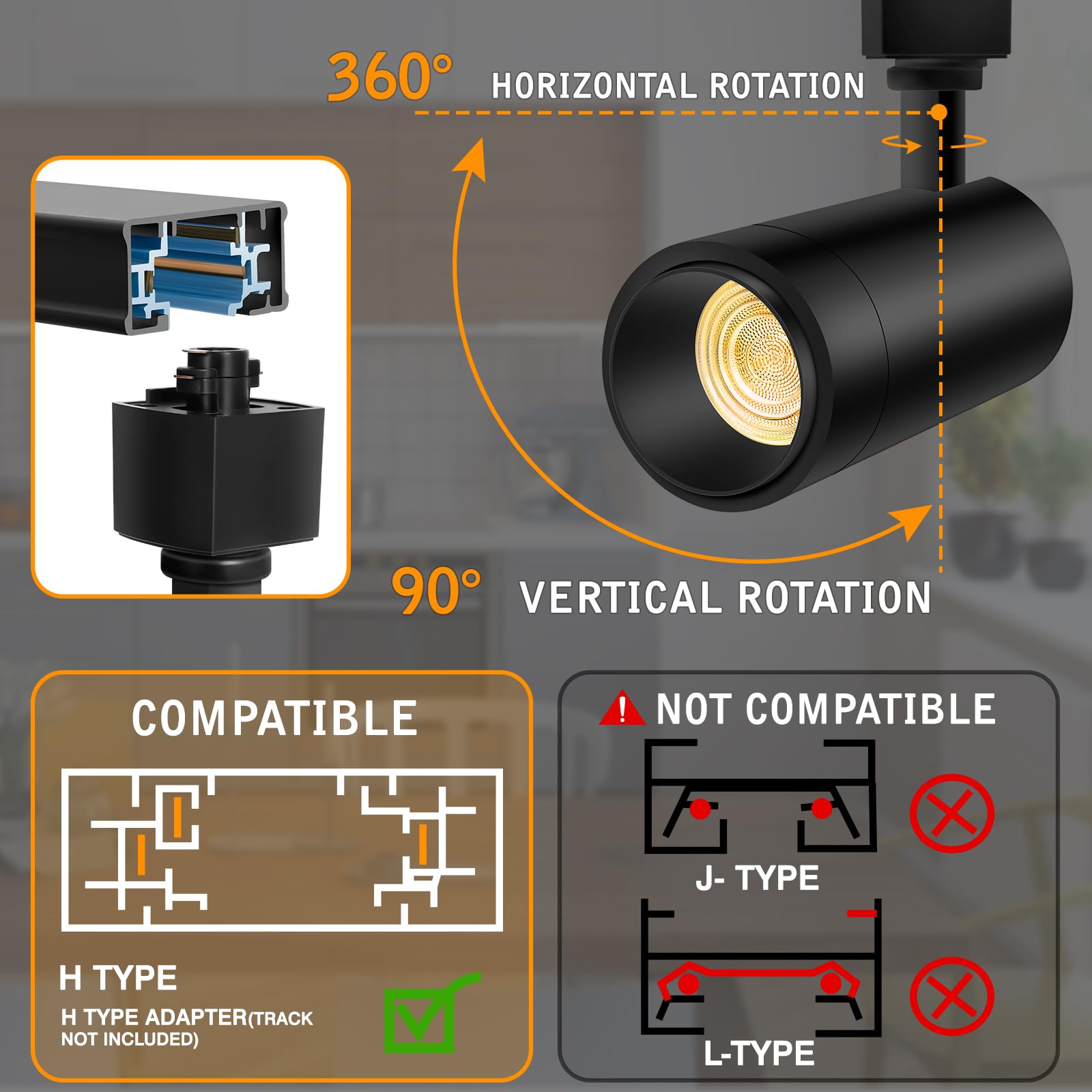 CoziTech 25W LED Track Lighting Heads, 10-Color Remote Control, Dimmable, 2200lm, H Type, Black, 4 Pack (Model: CT-TLH