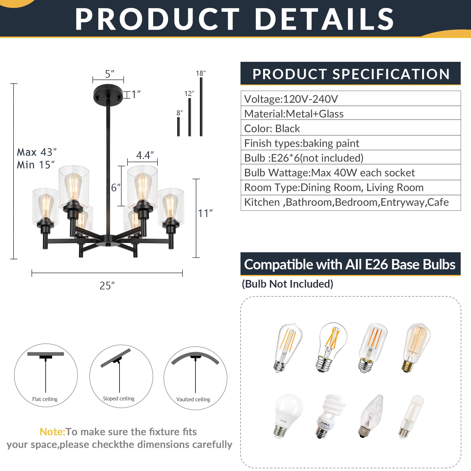 LIGHTDAMY Black Chandelier, 6-Light Metal Fixture, Industrial Design with Clear Glass Shade, D25in for Dining Room, Kitchen, Living Room