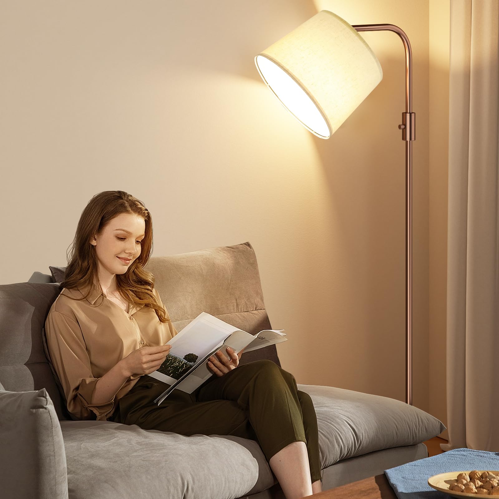 Ambimall Floor Lamp - Fully Dimmable 9W LED, 63.4in Tall, Iron, Brown and Light Beige