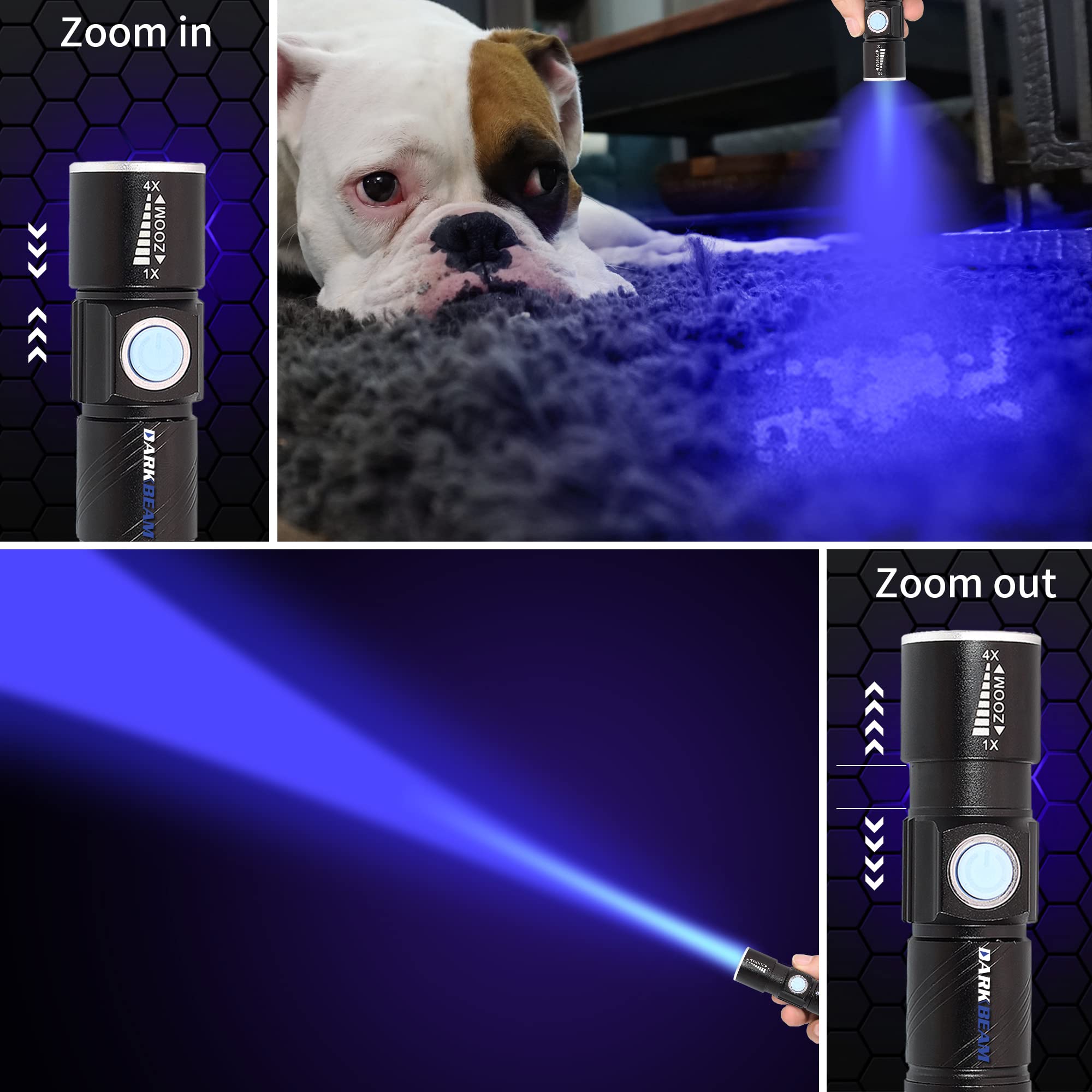 DARKBEAM USB 365nm UV Flashlight - Rechargeable Blacklight Detector for Pet Stains, Anti-Counterfeiting, Resin Curing - Portable Aluminum Mini