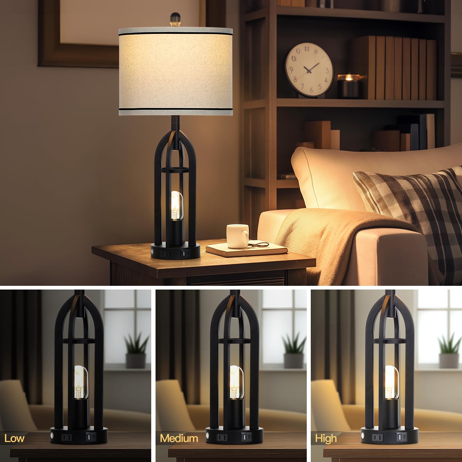 Cinyirong 27'' Farmhouse Table Lamps Set Of 2 With Usb A+C Charging Ports,3-Way Dimmable Touch Control Bedside Lamps With Nightl
