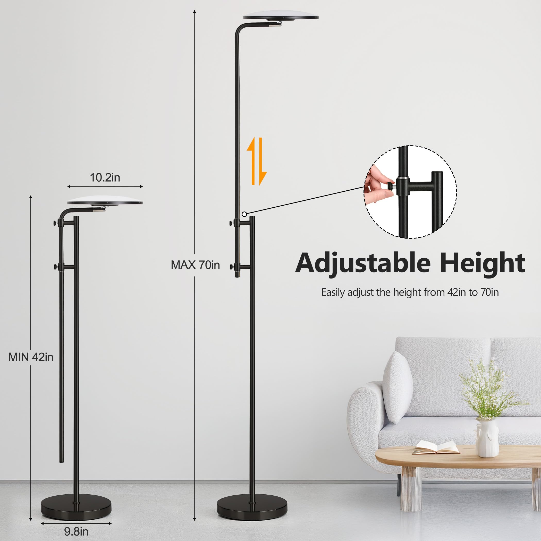 SUNMORY LED Floor Lamp, 32W/3000LM, Adjustable 350? Rotating Head, Modern Black Torchiere for Living Room, Bedroom, Office, Model FLM-032