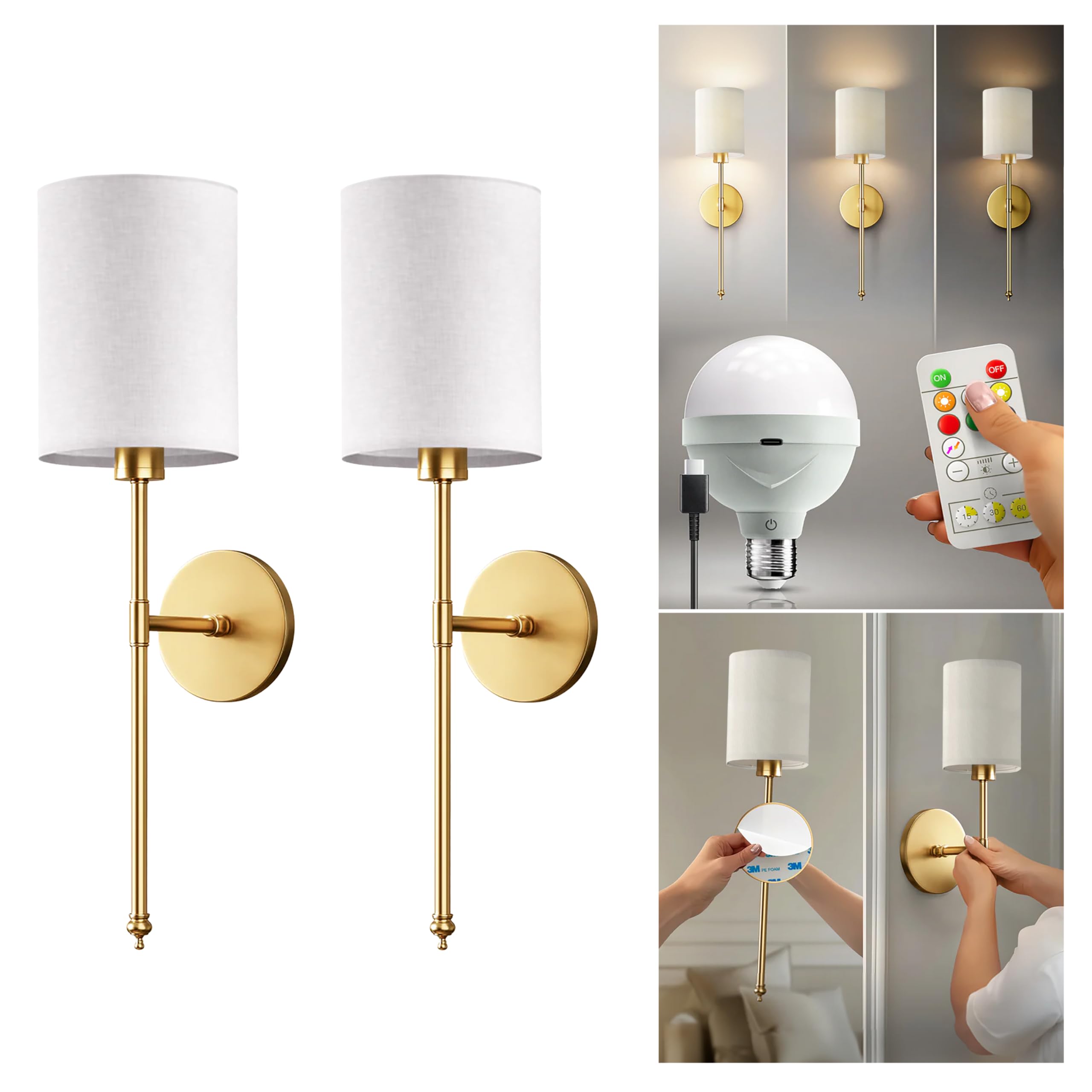 PRIDOLA Set of 2 Wireless Wall Sconces - Stick-On or Screw Mount for Easy Installation with Rechargeable LED Bulbs, Remote Contr