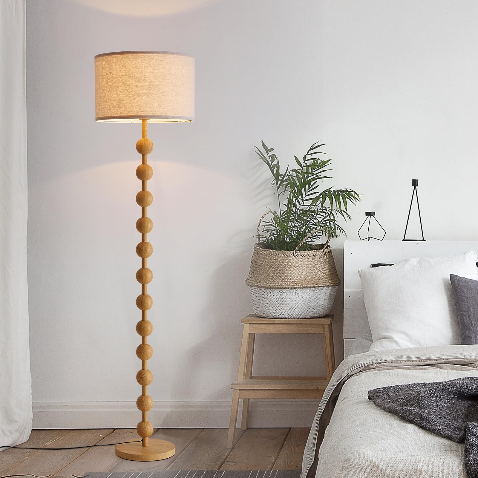 Fetason Modern Dimmable Floor Lamp with LED Bulb, 63" Tall, Yellow Wood Pattern, Iron, Fabric Shade for Living Room and Office
