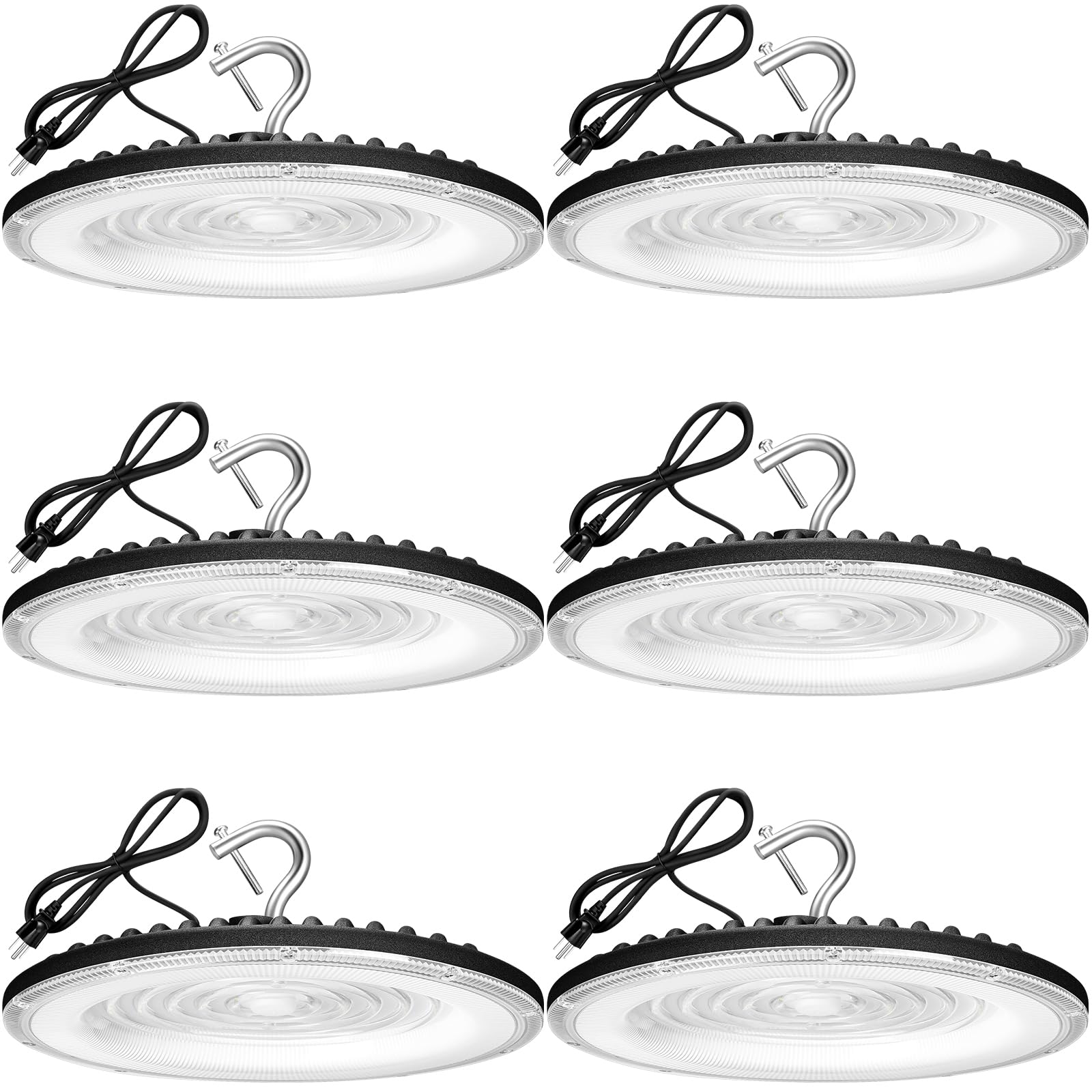 Xycn 6 Pack 150W Ufo Led High Bay Light 120Vac 21050Lm 5000K Daylight Area Lighting Ip66 Waterproof 650W Mh/Hps With Plug Commercial Bay Lighting For Warehouse/Shop/Workshop/Barn/Gym/Factory