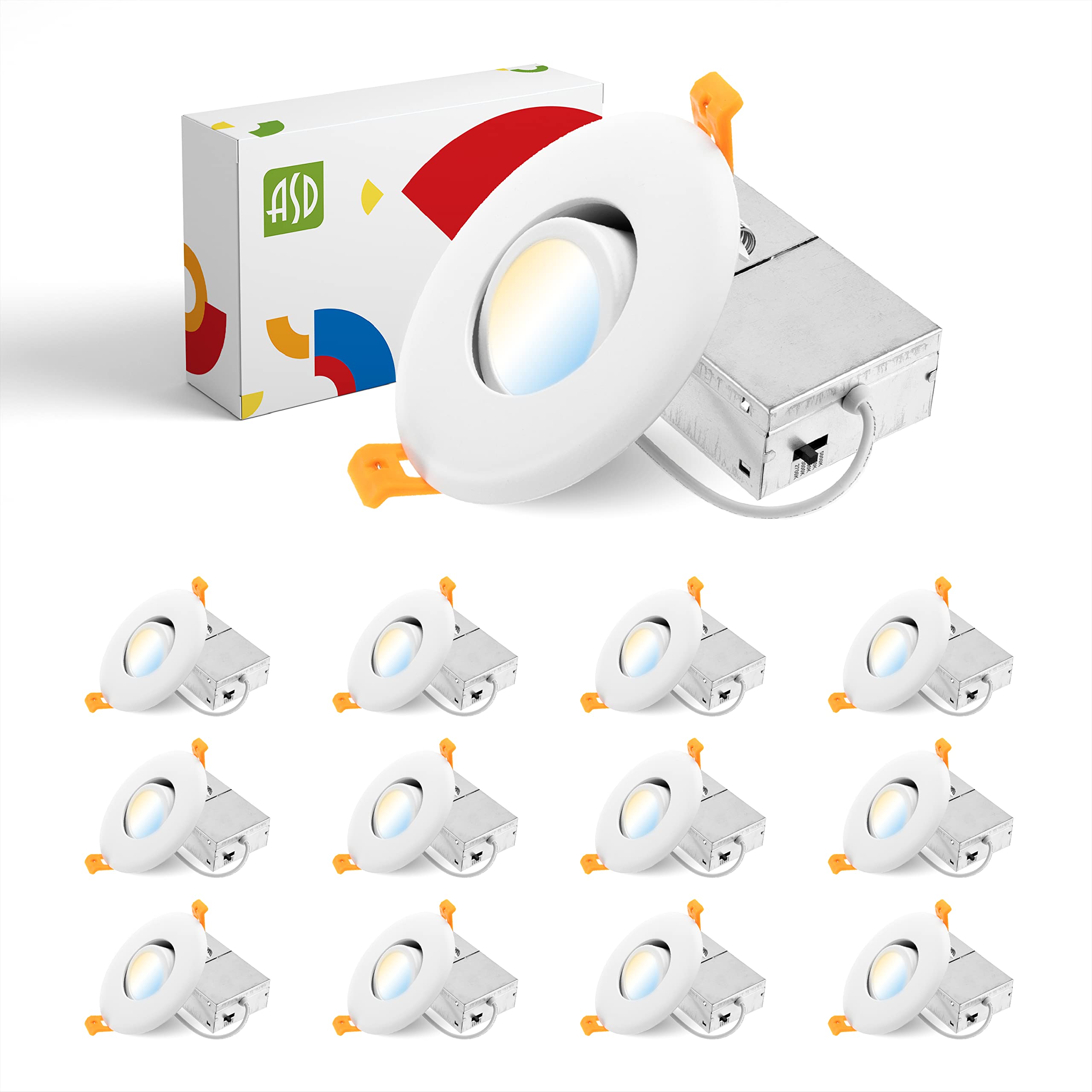 ASD 3 Inch Gimbal LED Recessed Light with Junction Box, 6W 463Lm, 2700K/3000K/3500K/4000K/5000K Adjustable Directional Lighting,