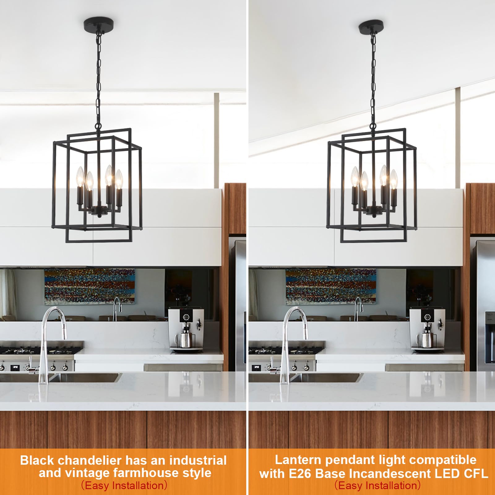 Kostomo 4-Light Black Farmhouse Chandelier Lantern Chandelier Light Fixture For Dining Room Kitchen Island Lighting Modern Penda