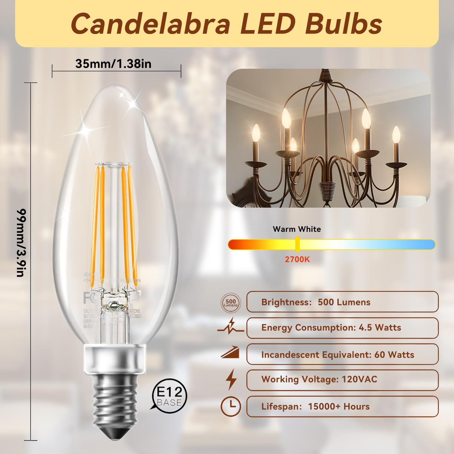 TJOY LED Candelabra Bulbs, Dimmable 4.5W B11 Vintage Glass, 2700K Warm White, E12 Base, 6 Pack